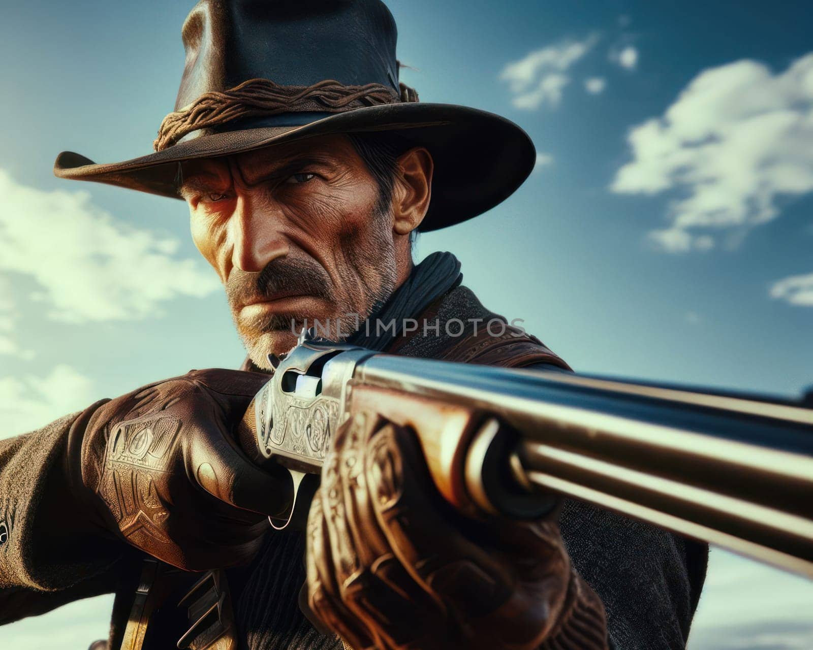 a hard rugged and grizzled texas ranger or cowboy aims his gun at an outlaw in the desert
