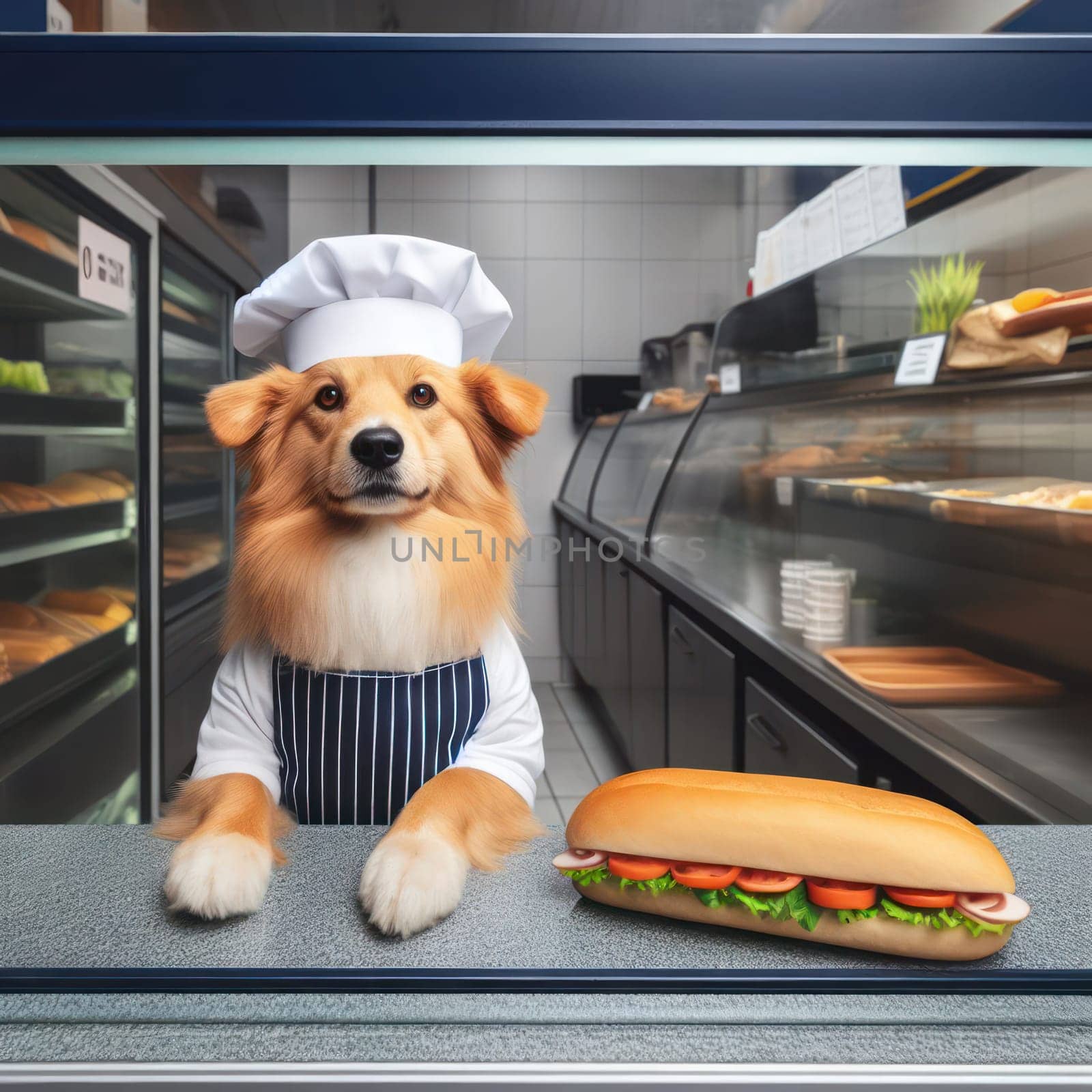 chef dog in a fast food restaurant will make you a great sandwich generative ai