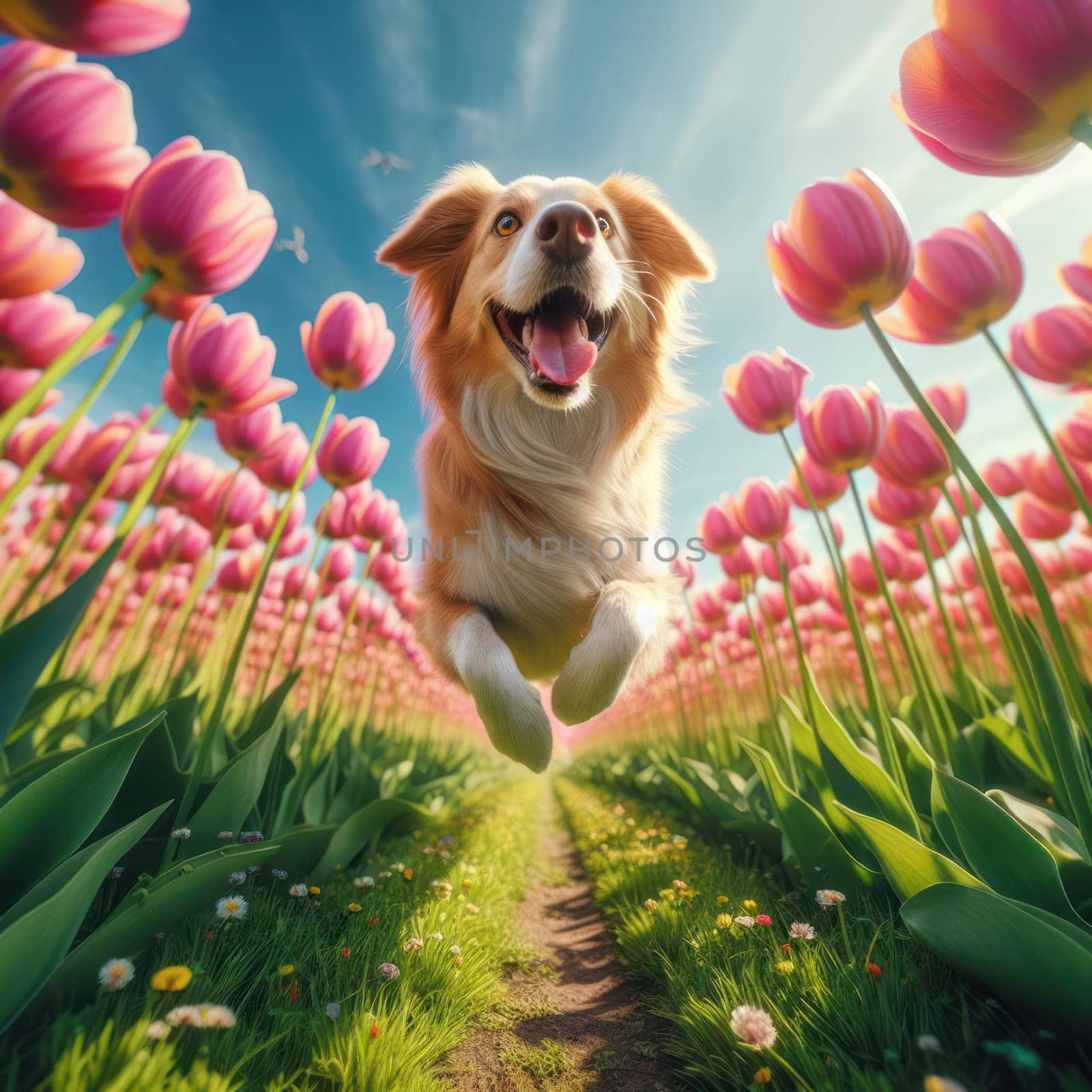 happy dog running and bounding through a field of tulips on a beautiful day generative ai
