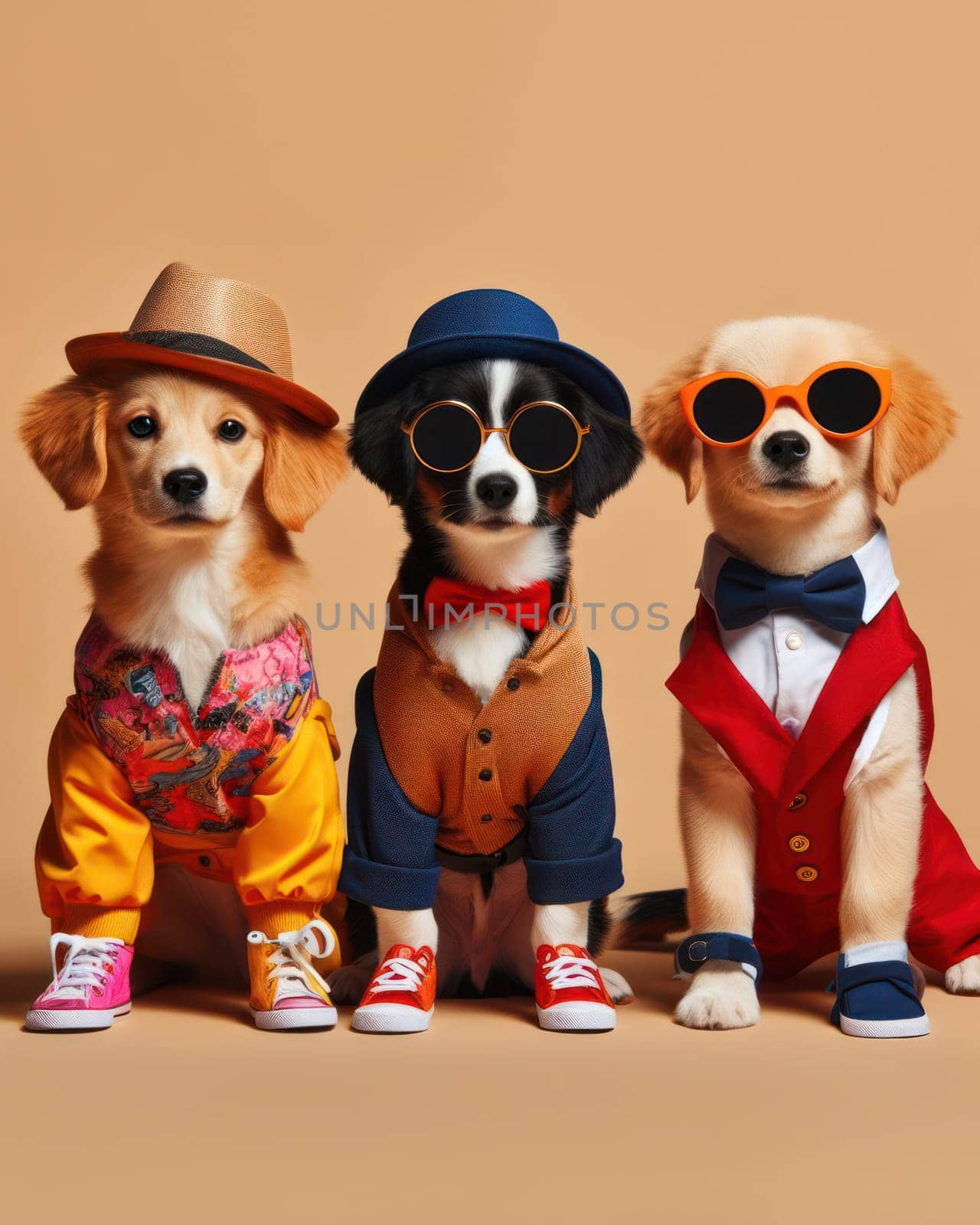 studio style shot of dogs fashionably dressed dogs ready to go out for poster or advertisement generative ai