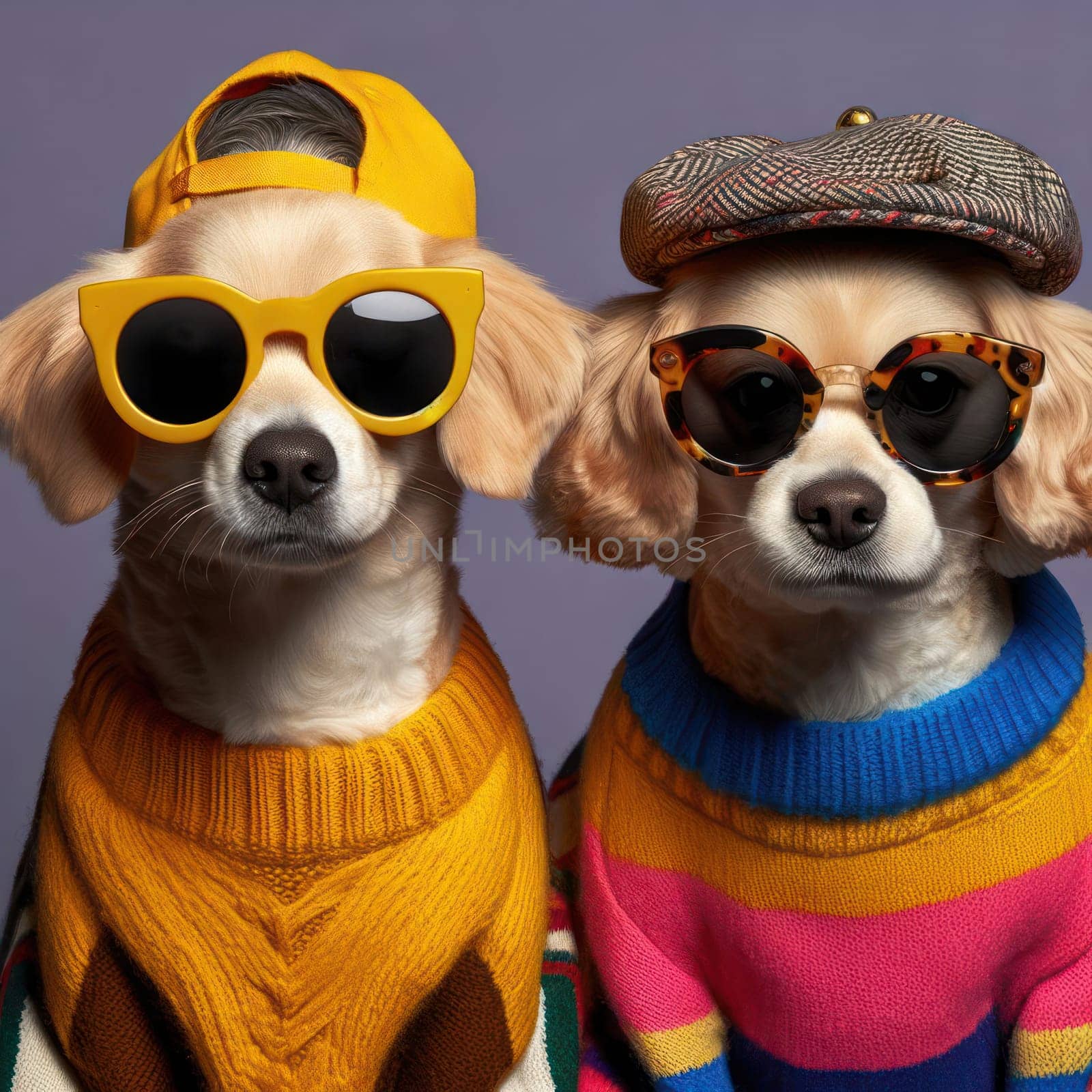 studio style shot of dogs fashionably dressed dogs ready to go out for poster or advertisement generative ai