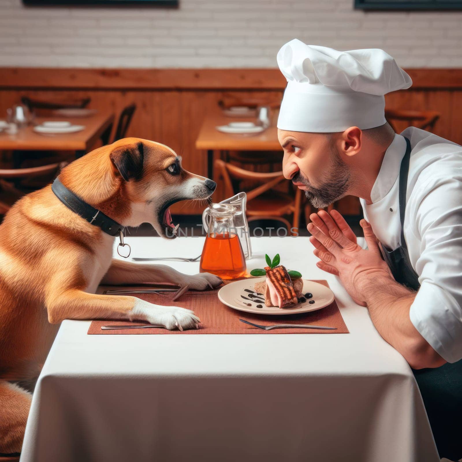 dog customer is unhappy with food and arguing with angry chef in restaurant generative ai