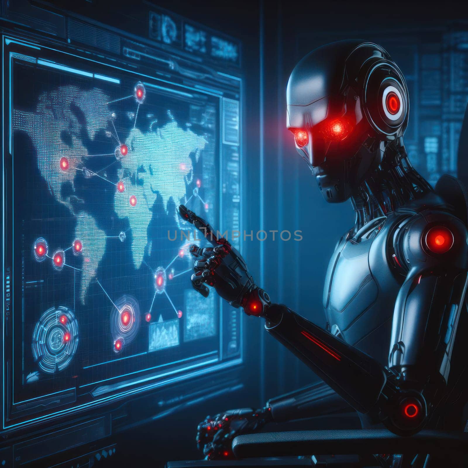 evil AI humanoid robot thinking and plotting to take over the world generative ai