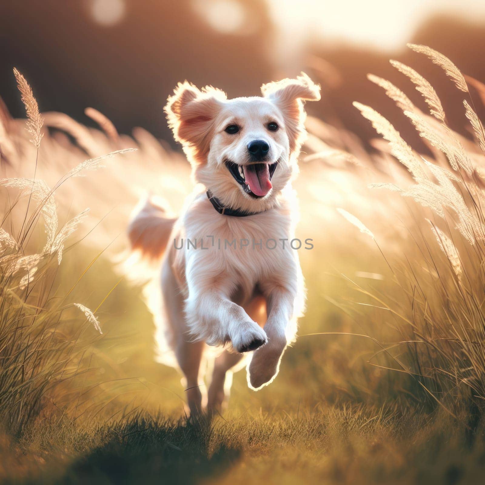 happy dog running and bounding through a field on a beautiful day generative ai