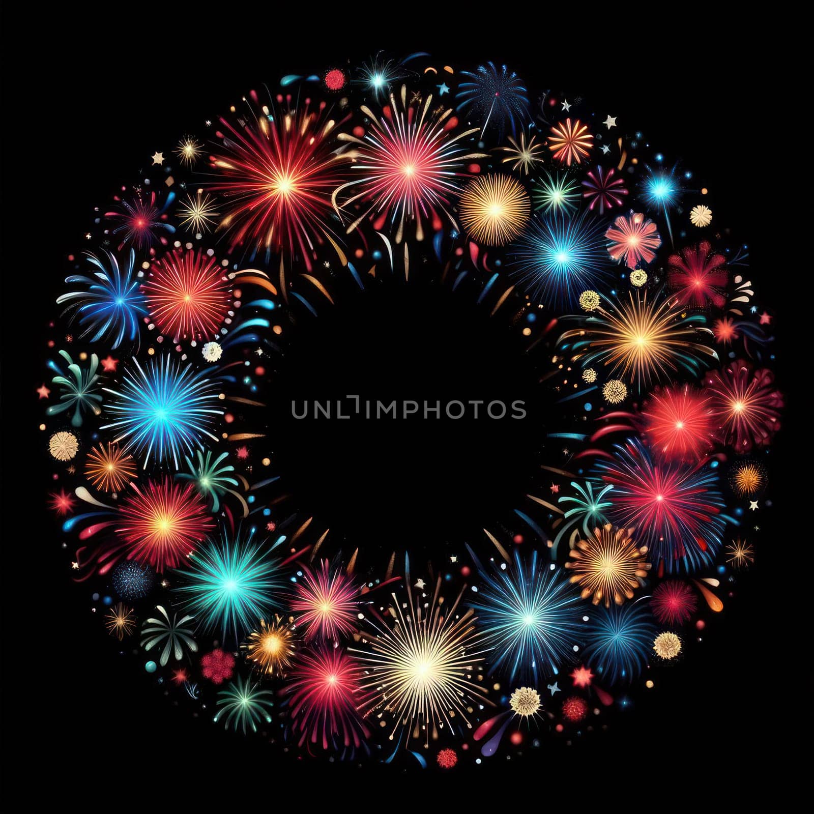 illustration of bright and colorful fireworks making a border or frame with copy space on black generative ai