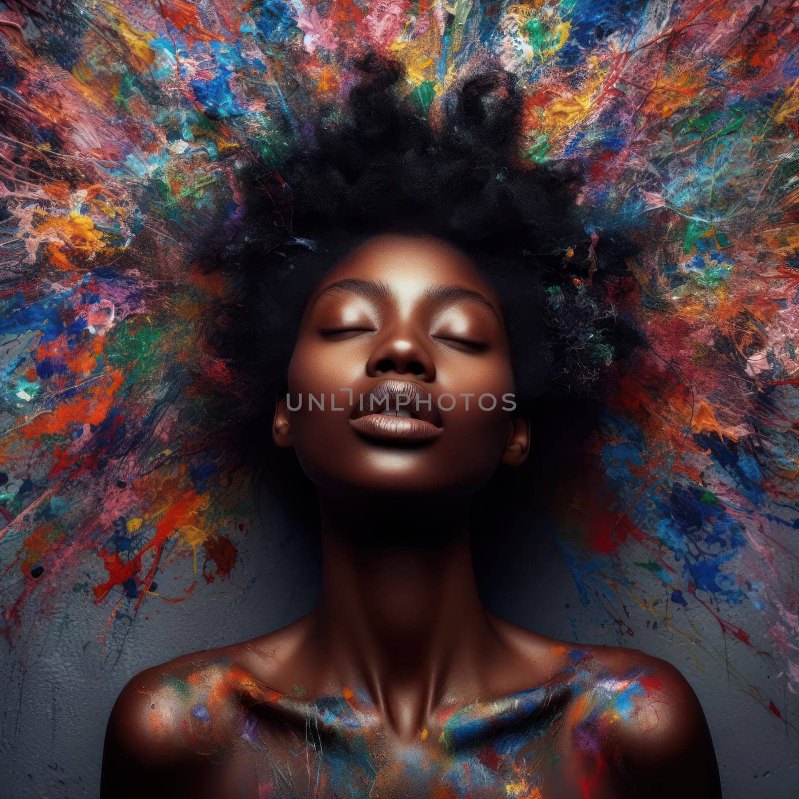 art piece of a beautiful black woman in a rainbow coloured paint explosion generative ai