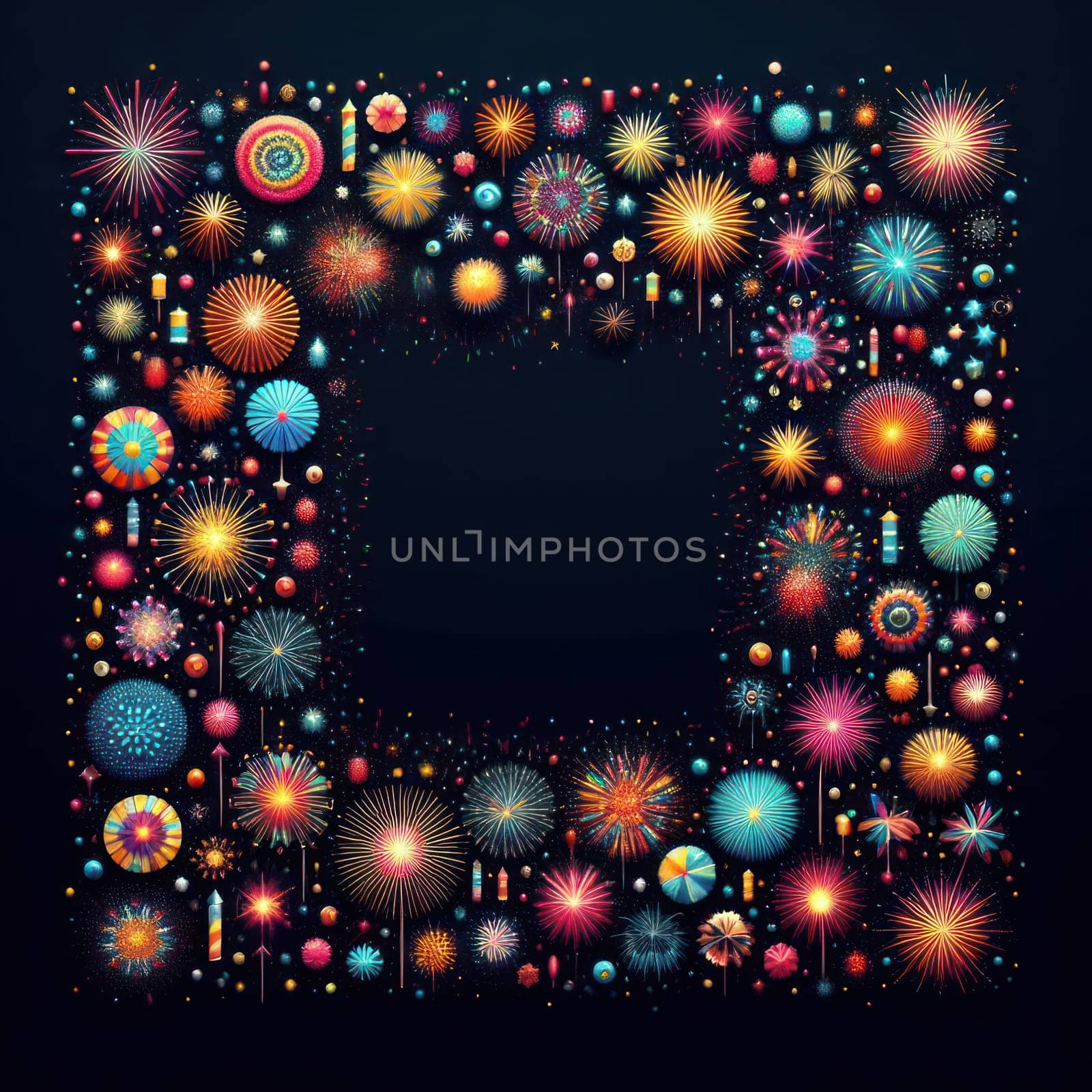 illustration of bright and colorful fireworks making a border or frame with copy space on black generative ai
