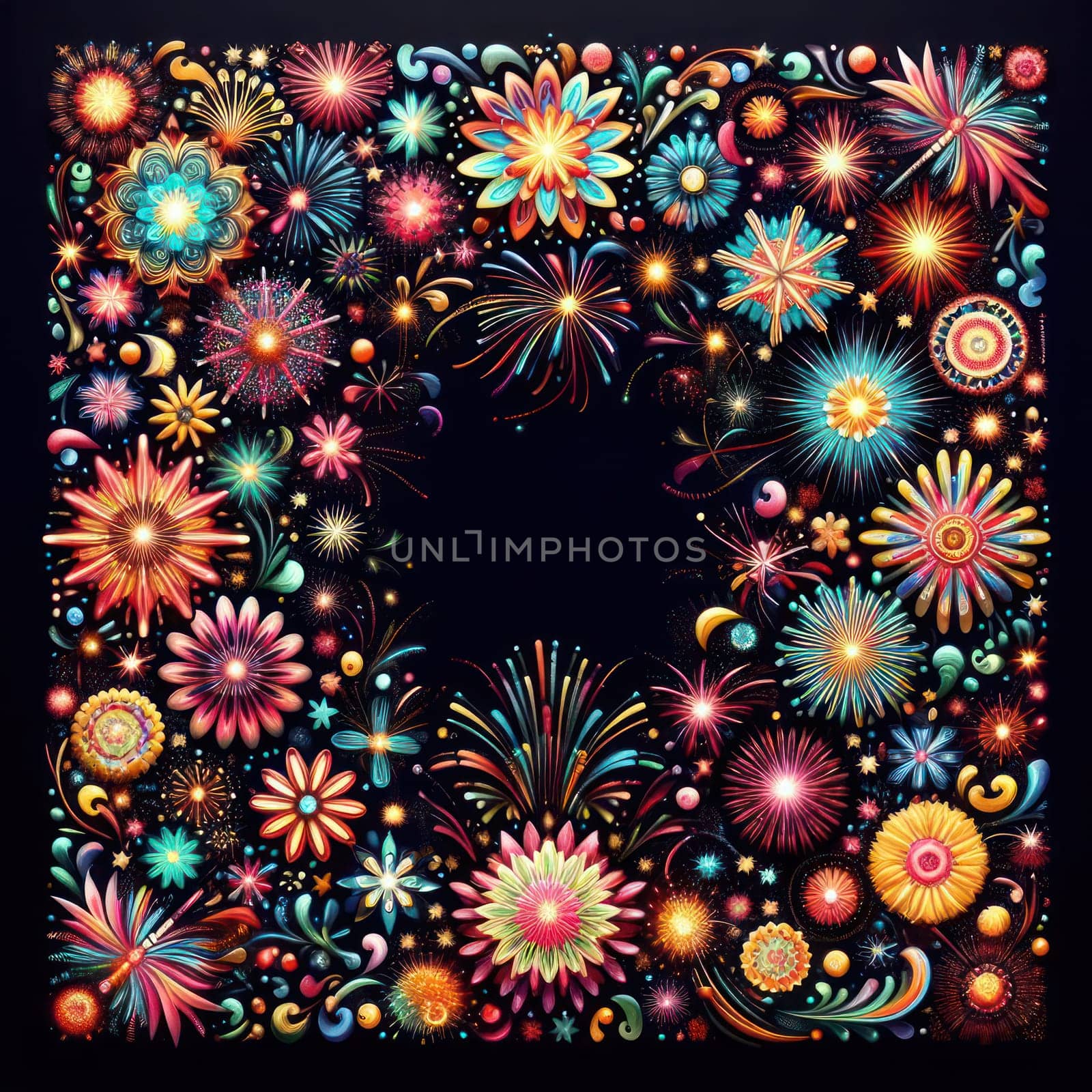 illustration of bright and colorful fireworks making a border or frame with copy space on black generative ai