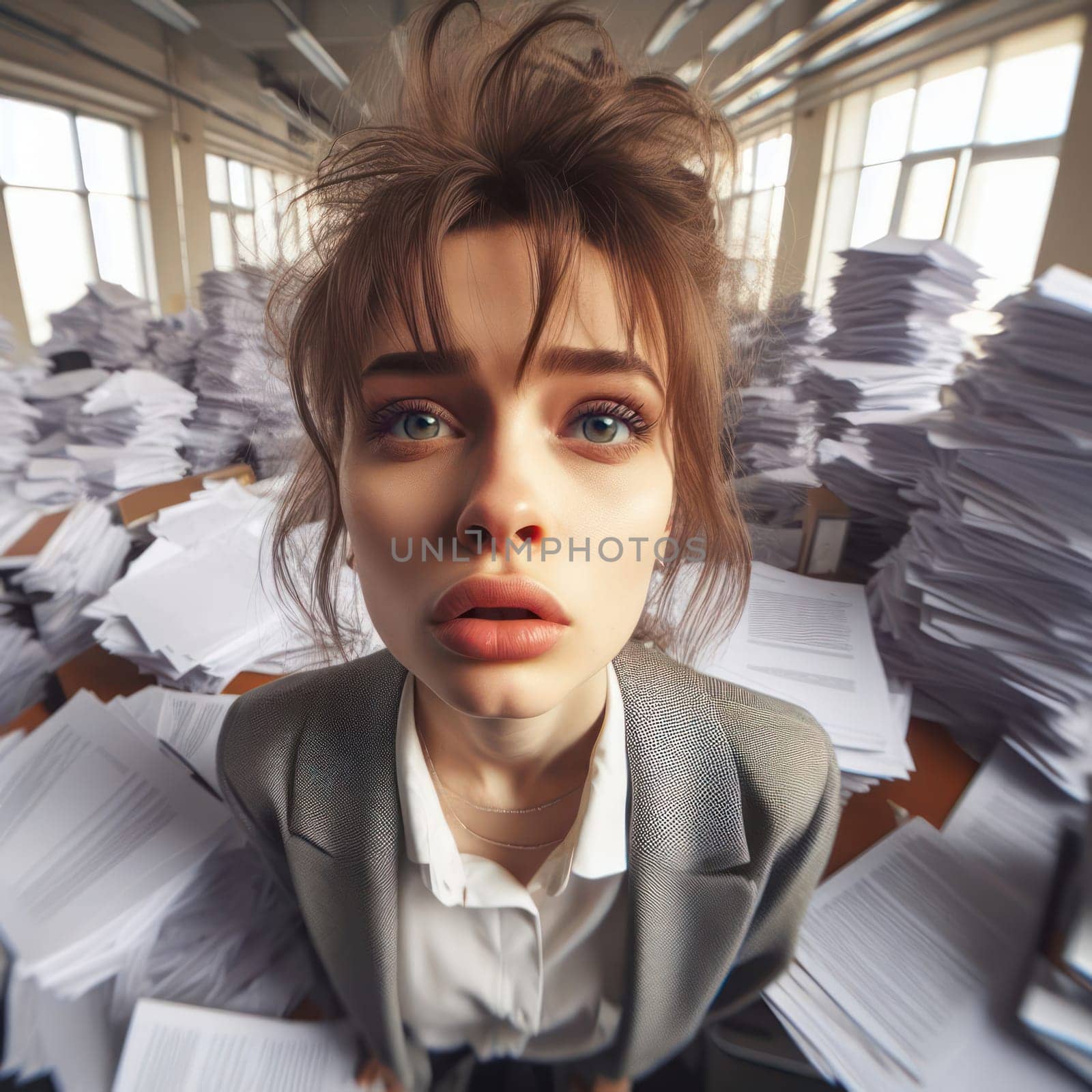 comical fisheye photo of a stressed female office worker with messy hair in a mountain of office paperwork generative ai
