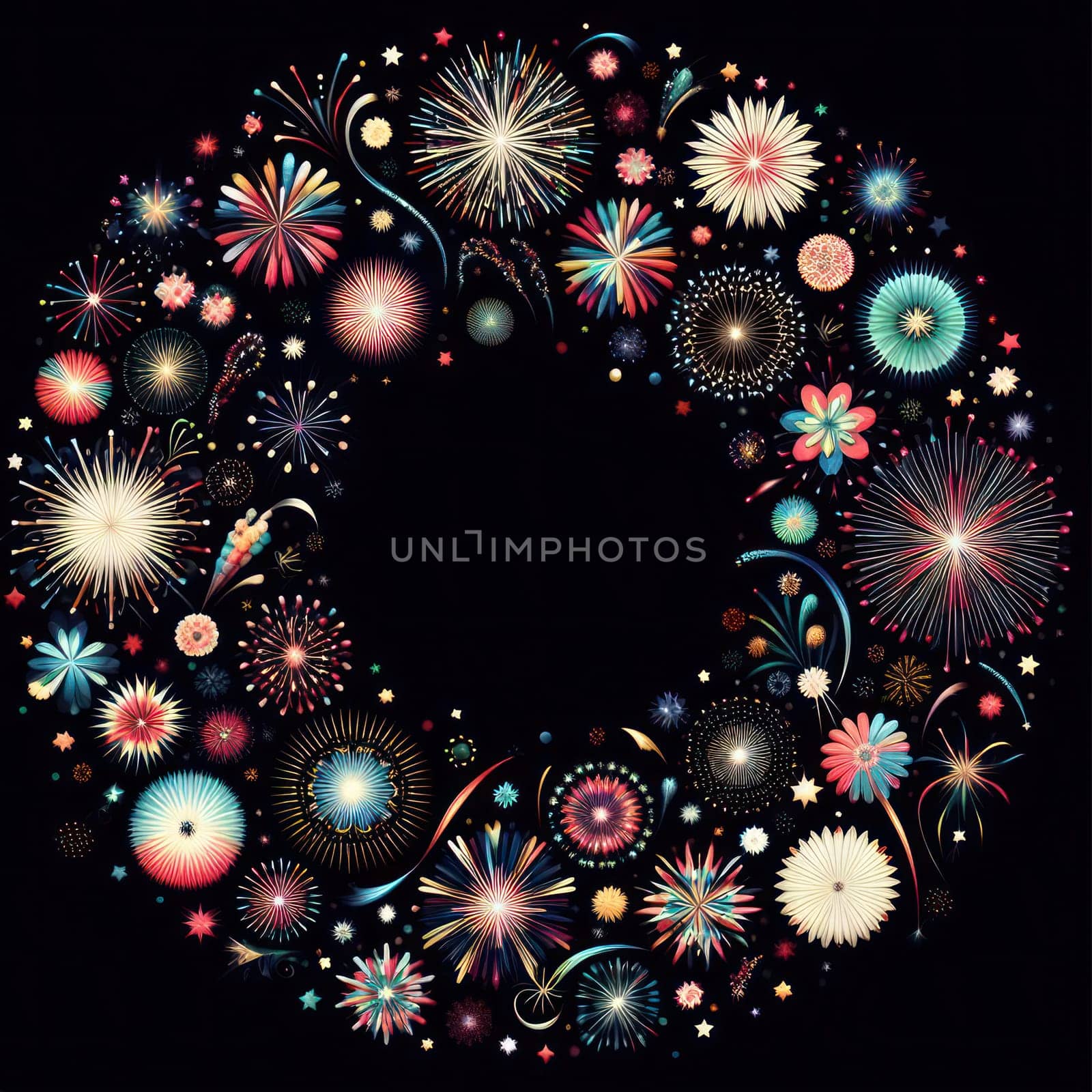 illustration of bright and colorful fireworks making a border or frame with copy space on black generative ai