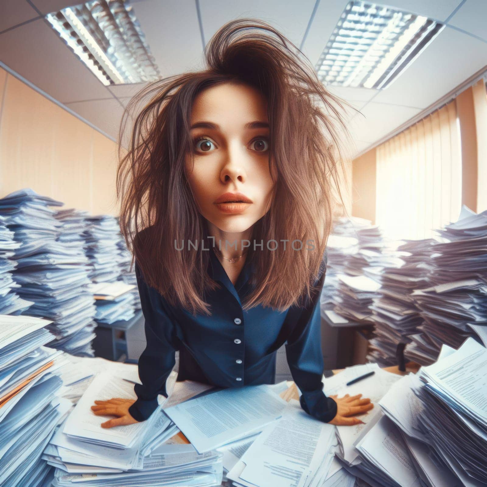 comical fisheye photo of a stressed female office worker with messy hair in a mountain of office paperwork generative ai