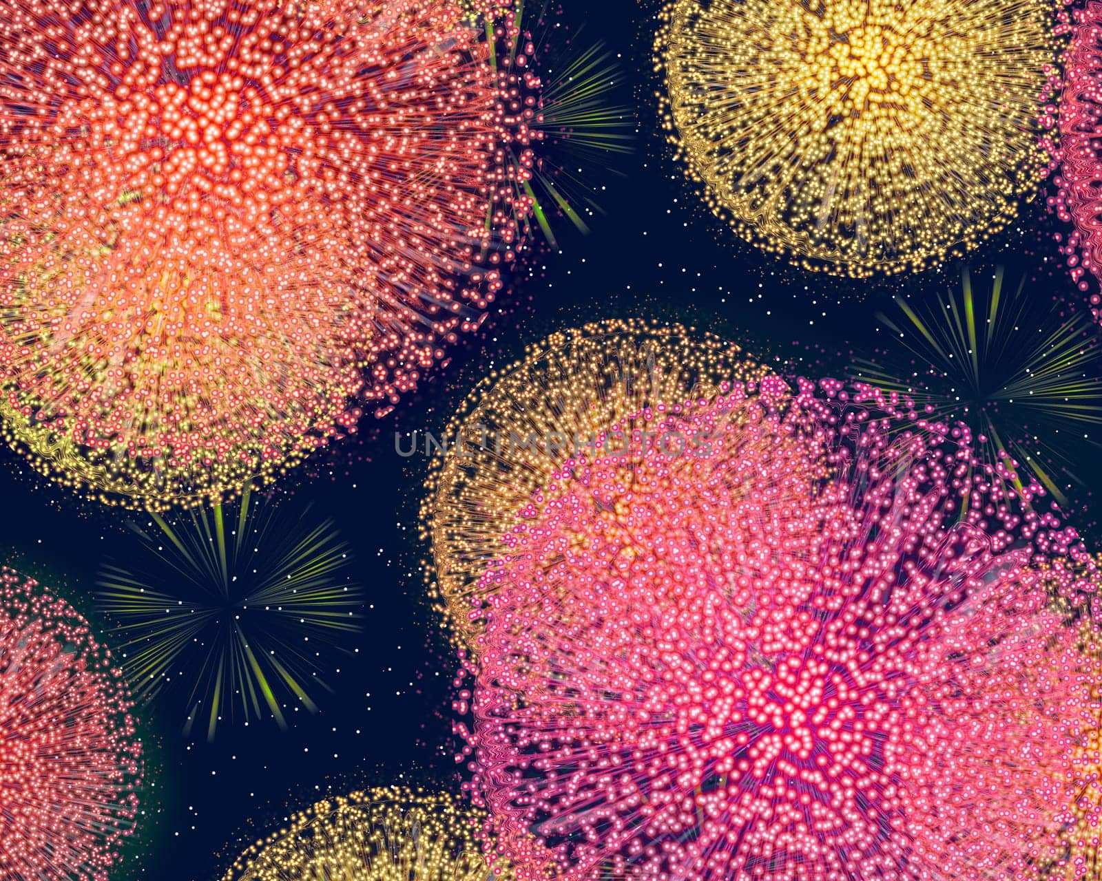 big bright explosive and colorful fire works in the night sky