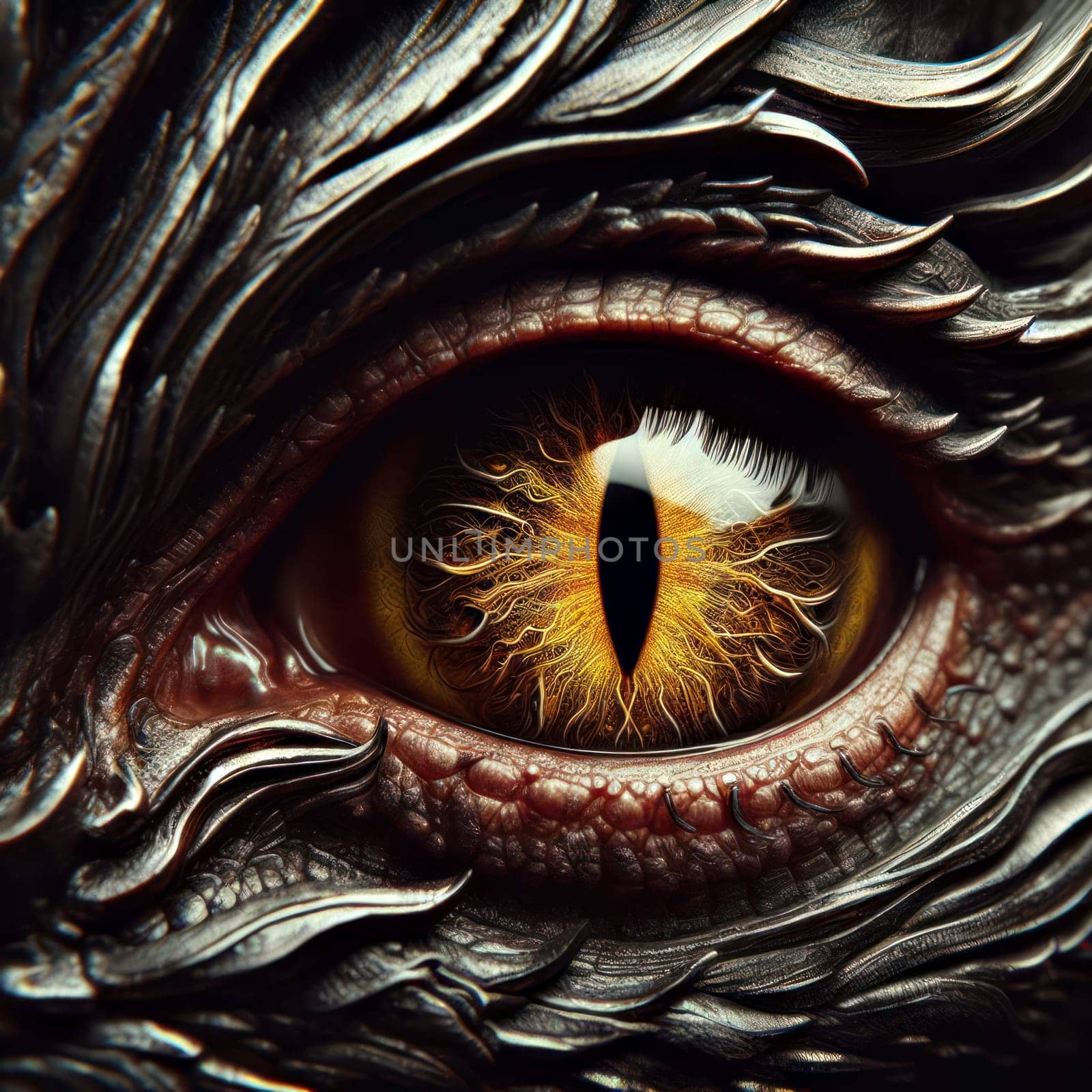 closeup macro of a dragon or griffins eye looking at you generative ai