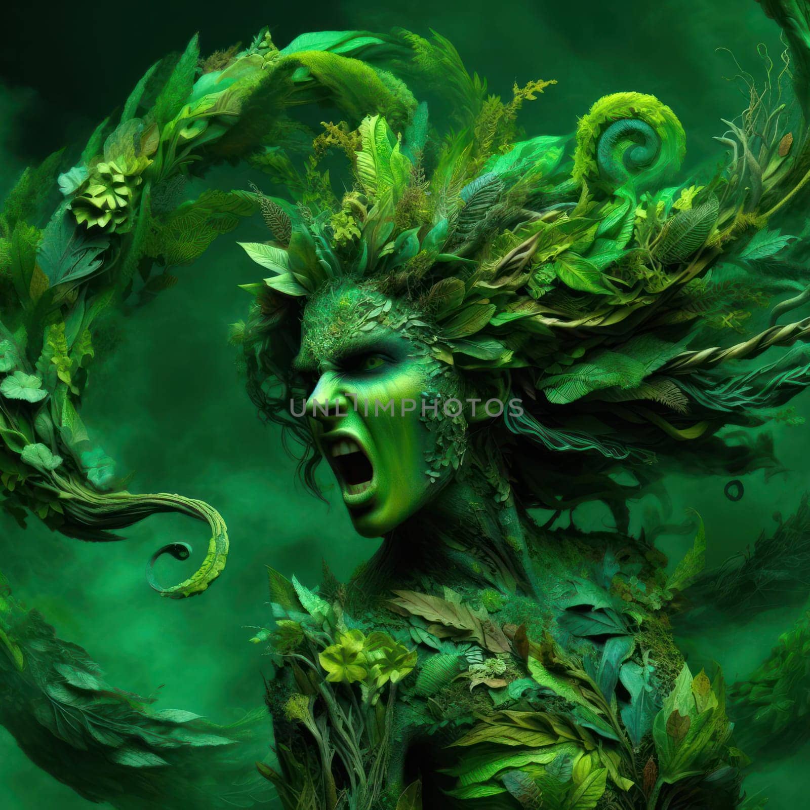 fantasy illustration on a furious nature goddess, elemental or sprite in a lush jungle forest generative ai