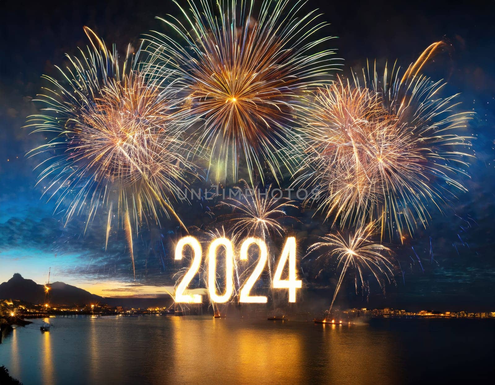 big bright and colorful fireworks for a happy new years 2024 generative ai
