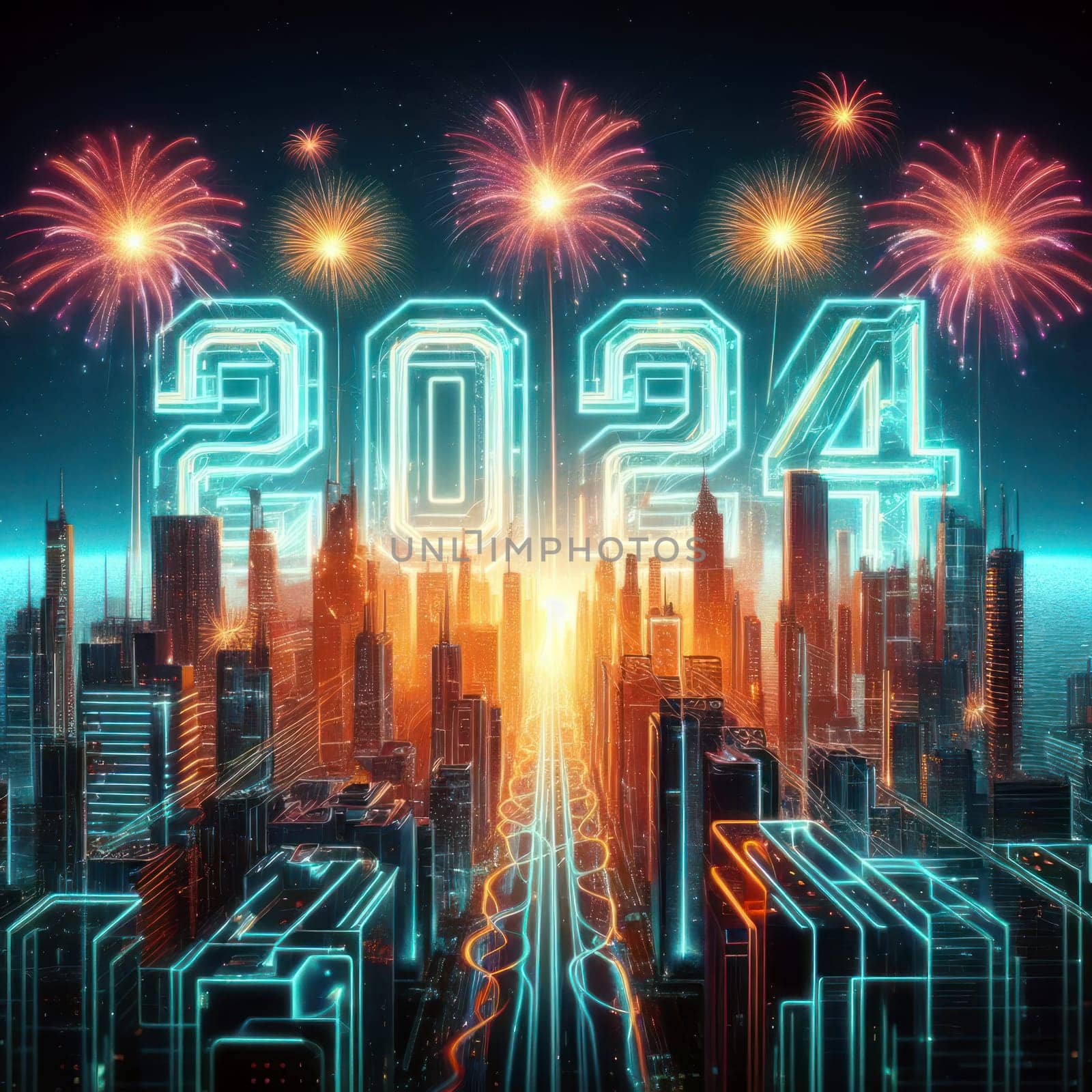 big bright and colorful fireworks for a happy new years 2024 generative ai
