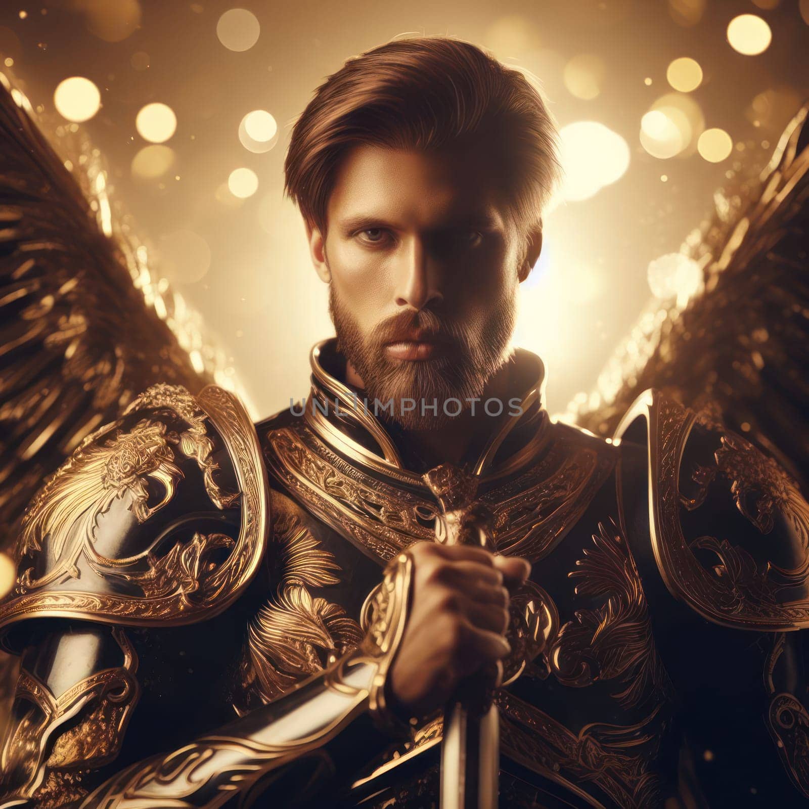 portrait of handsome golden paladin knight or archangel generative ai