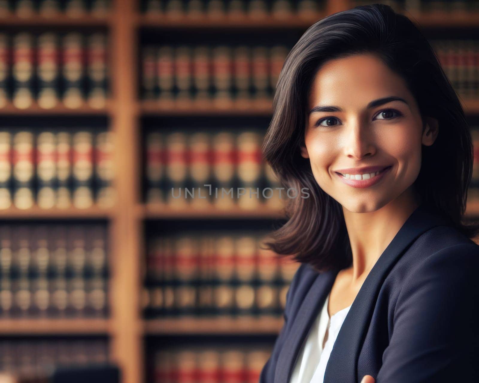 successful young female lawyer in office in front of law library books generative ai