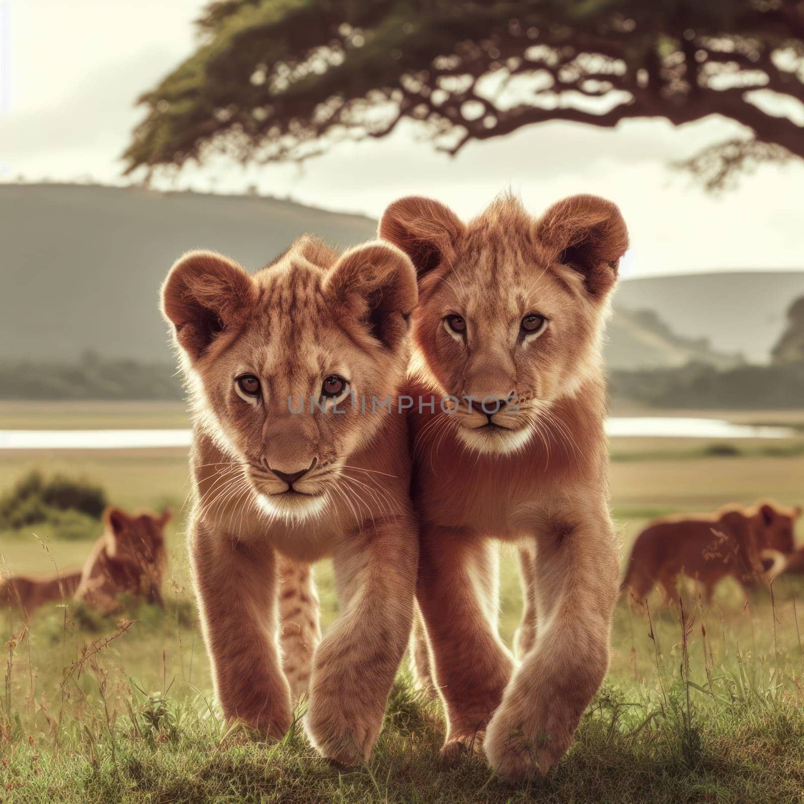 two young lion cubs playing and learning to hunt together generative ai