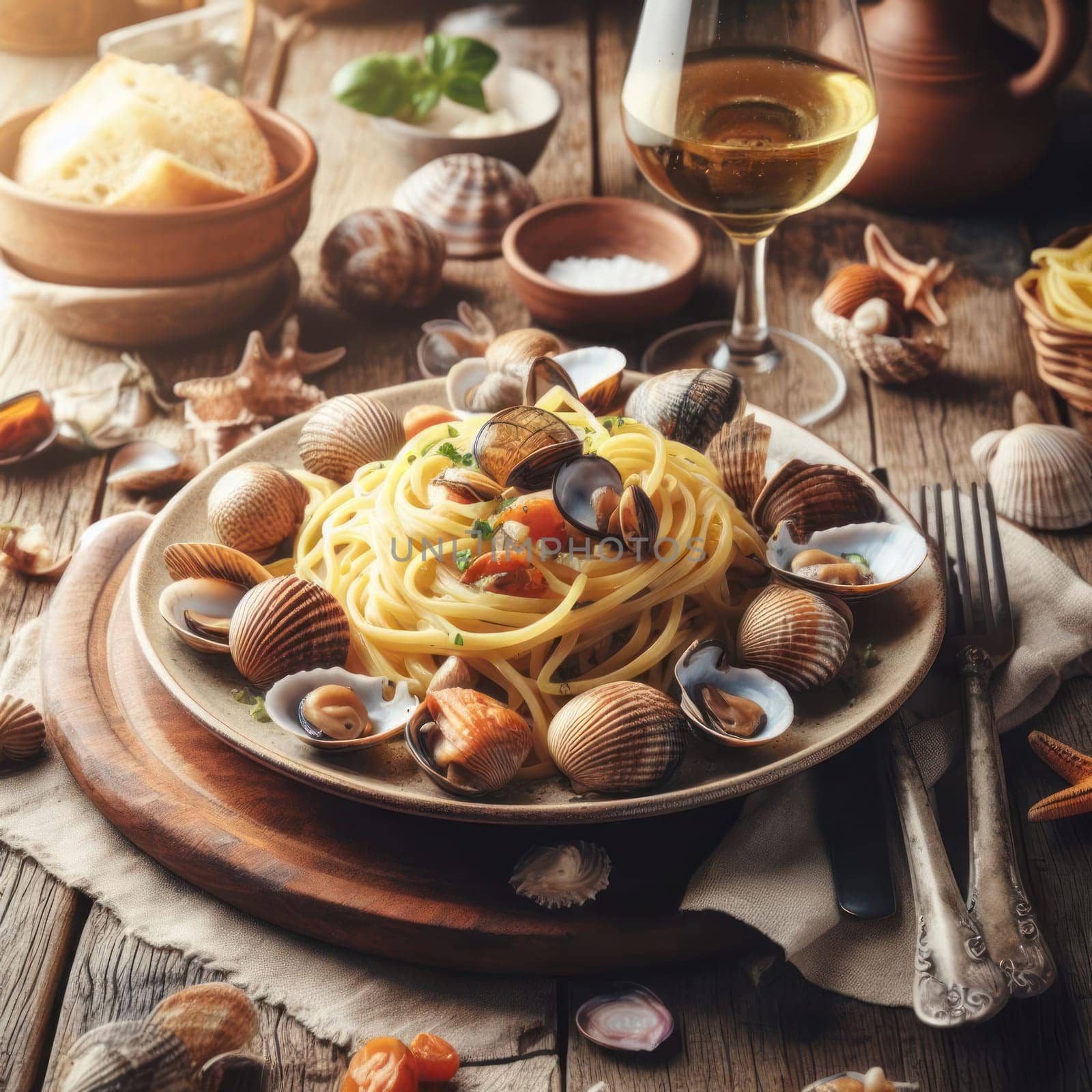 delicious traditional italian linguine alle vongole in a rustic setting generative ai