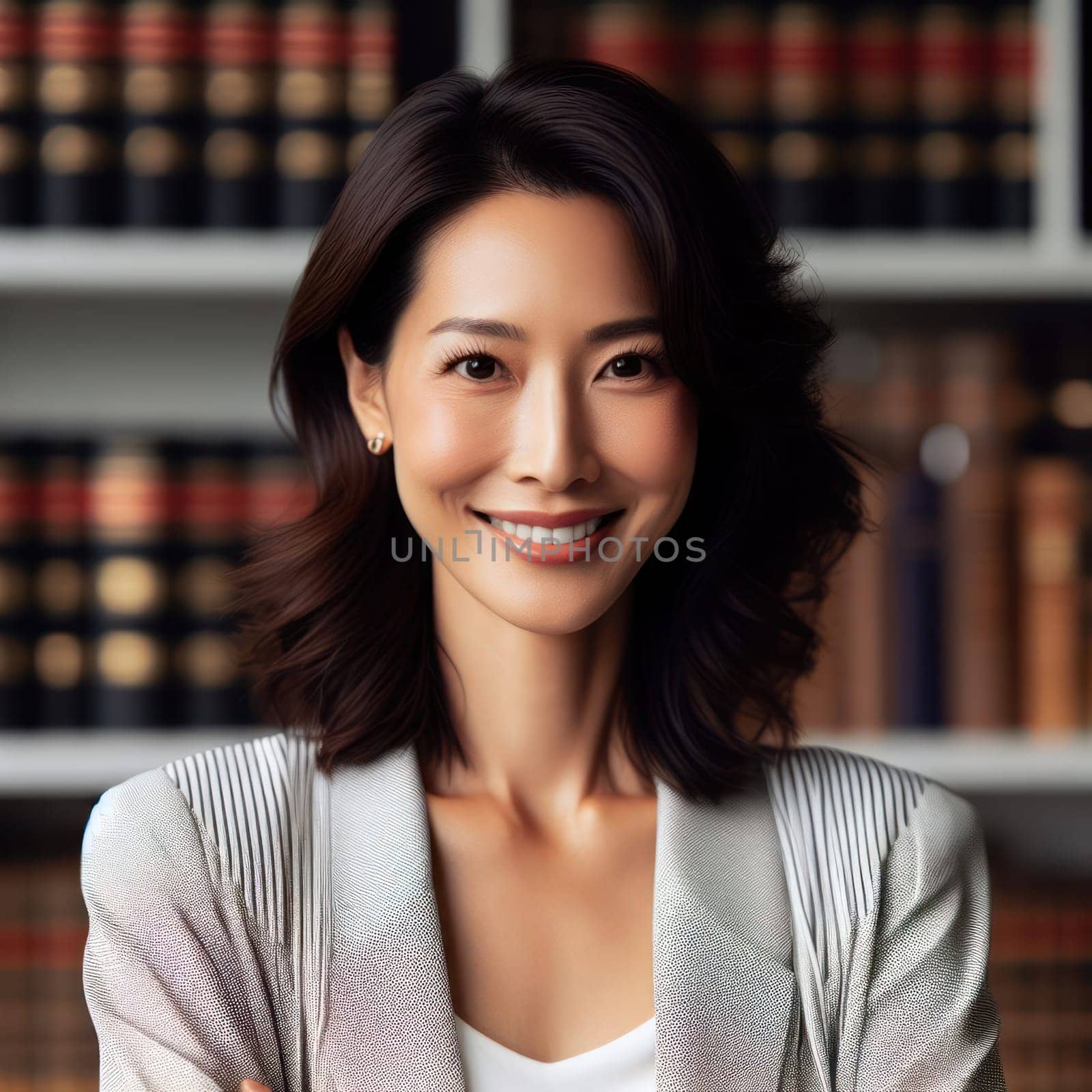 successful young asian female lawyer in office in front of law library books generative ai