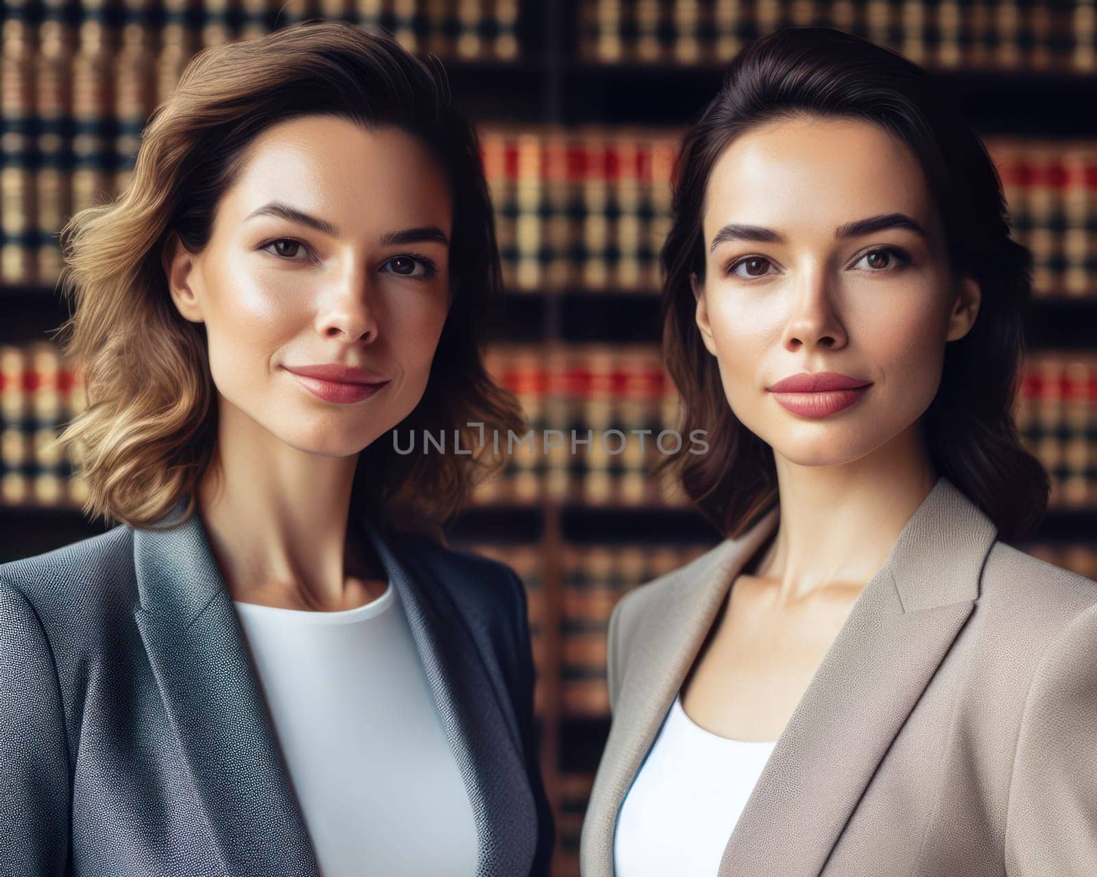 two female experienced lawyers in front of law library books