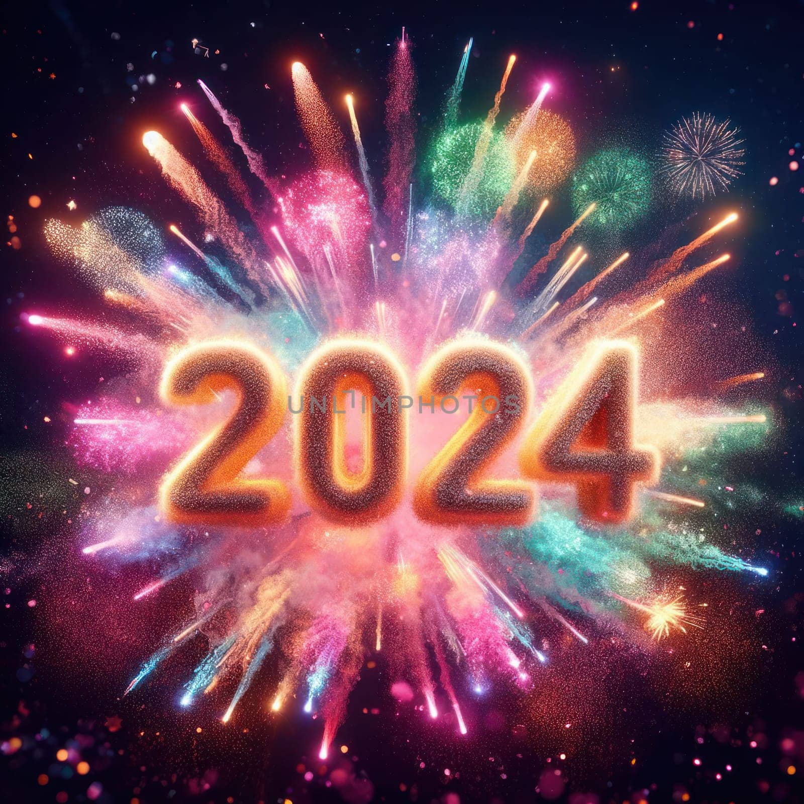 big bright and colorful fireworks for a happy new years 2024 generative ai