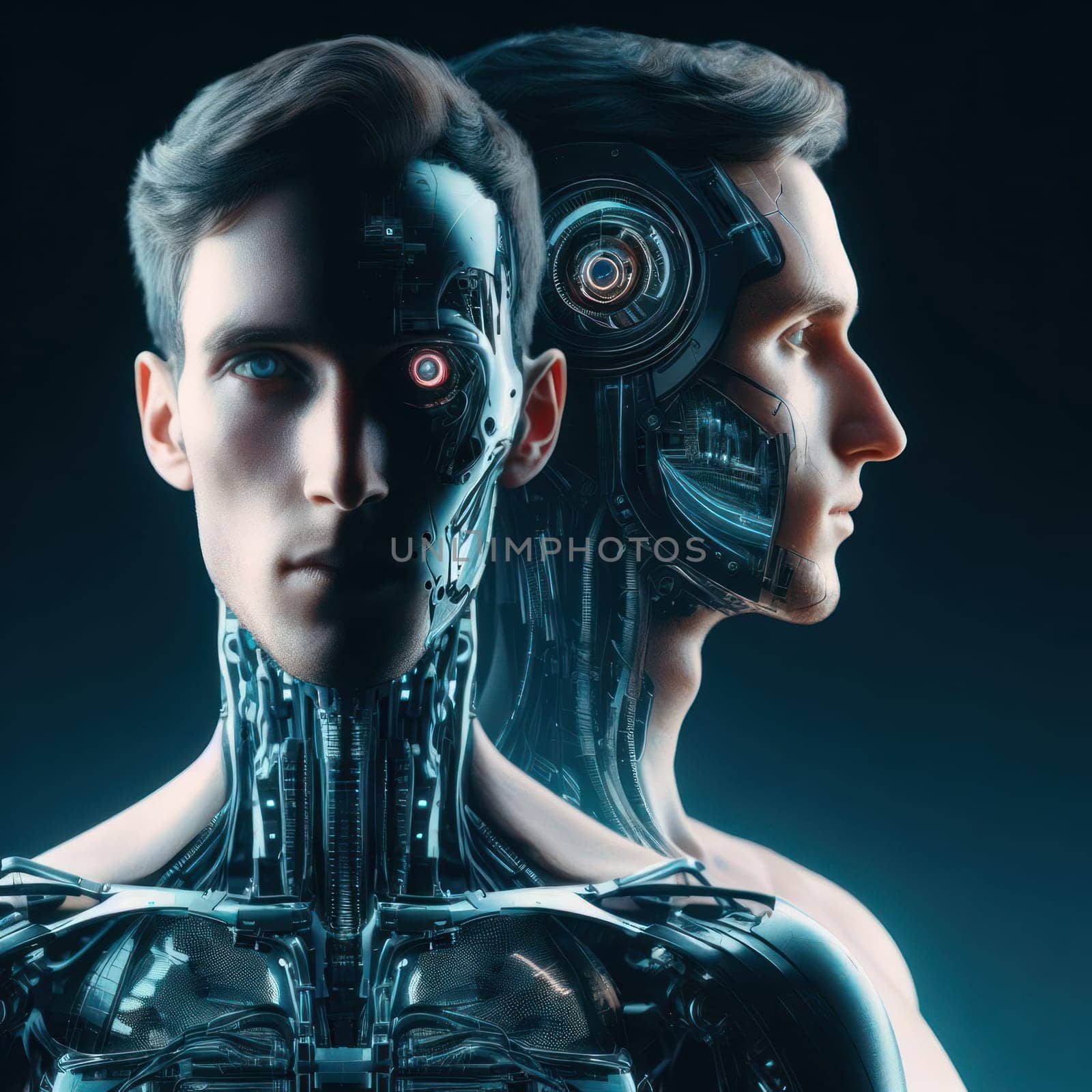 headshot portrait of a person with futuristic humanoid robot generative ai