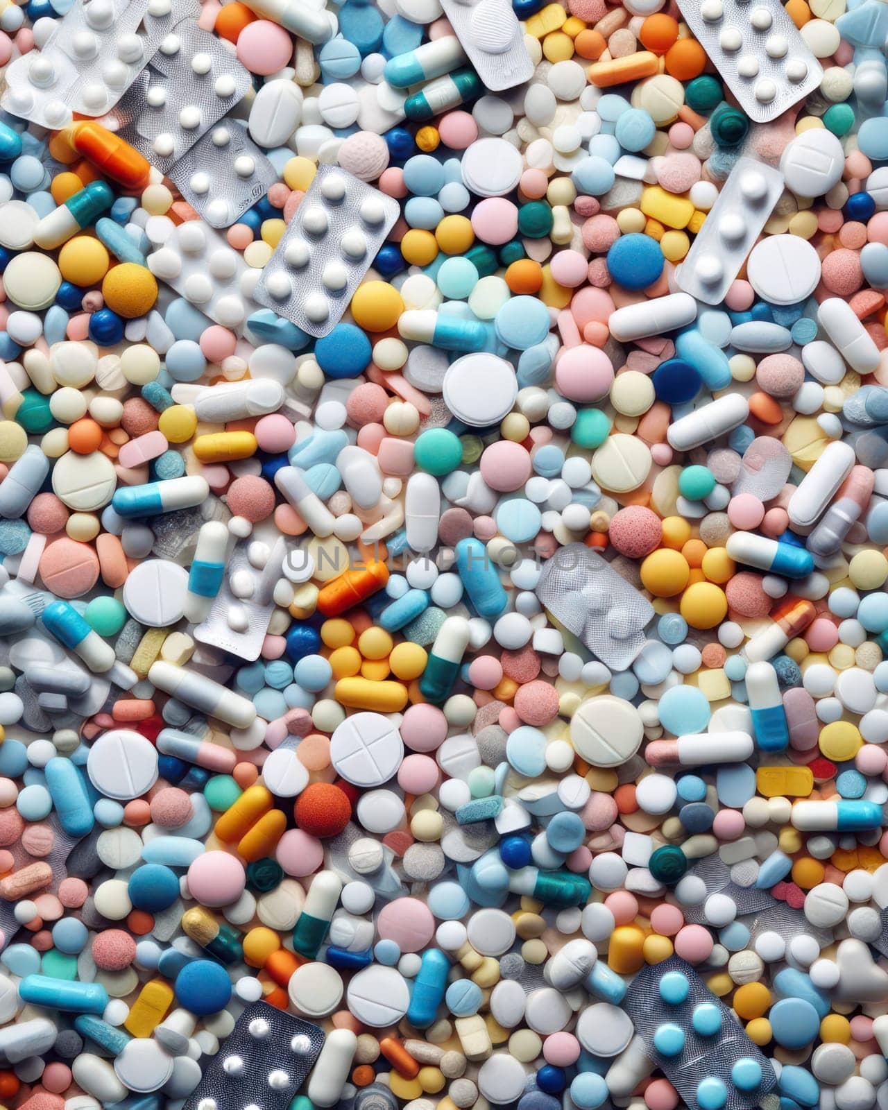 medical background image of hundreds of pills tablets and capsules generative ai