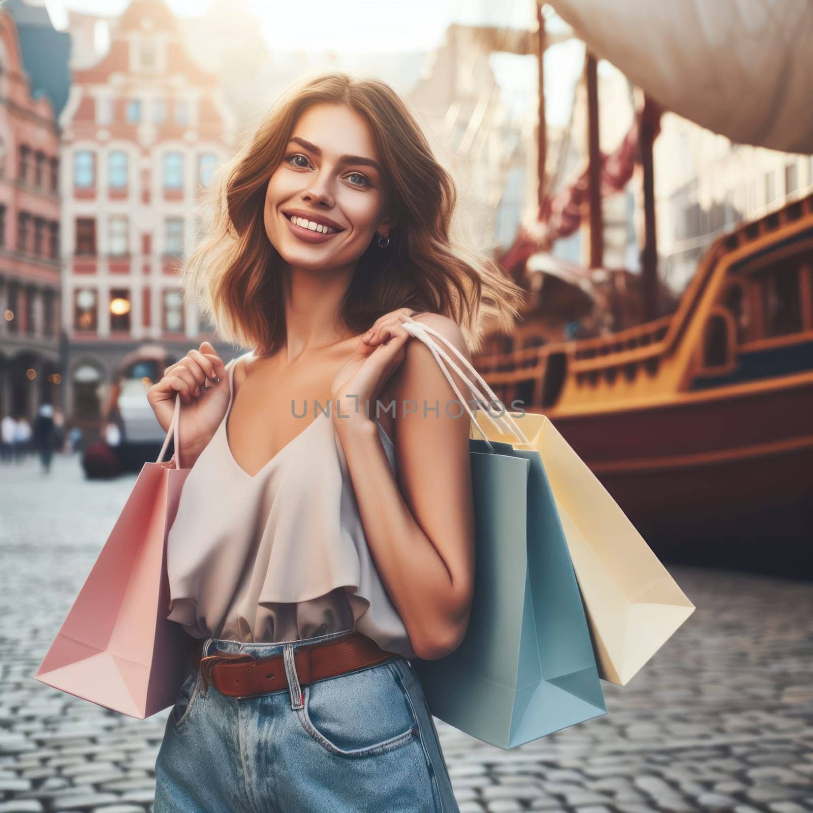 beautiful young woman shopping on vacation generative ai