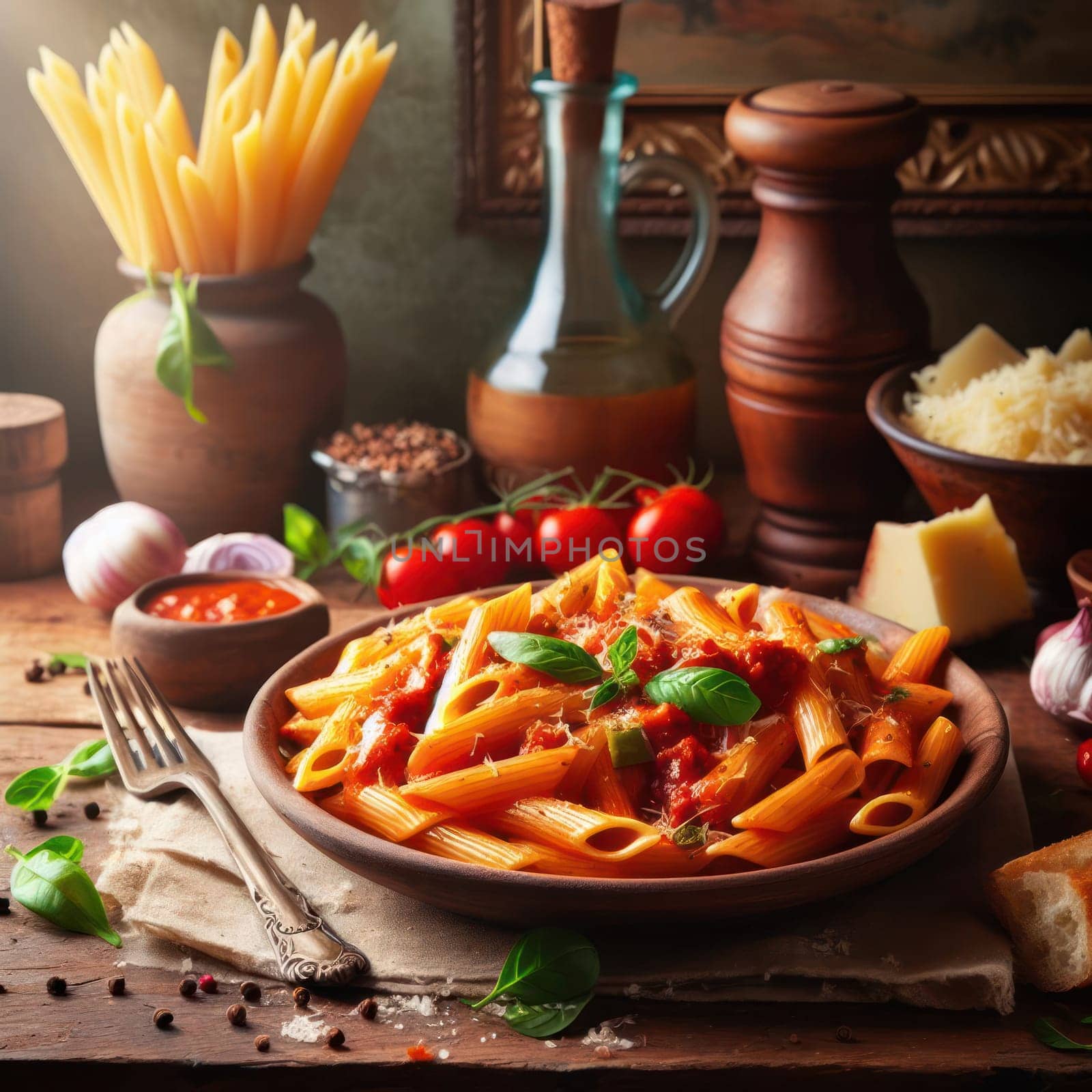 delicious traditional italian penne all arrabbiata on a rustic table generative ai