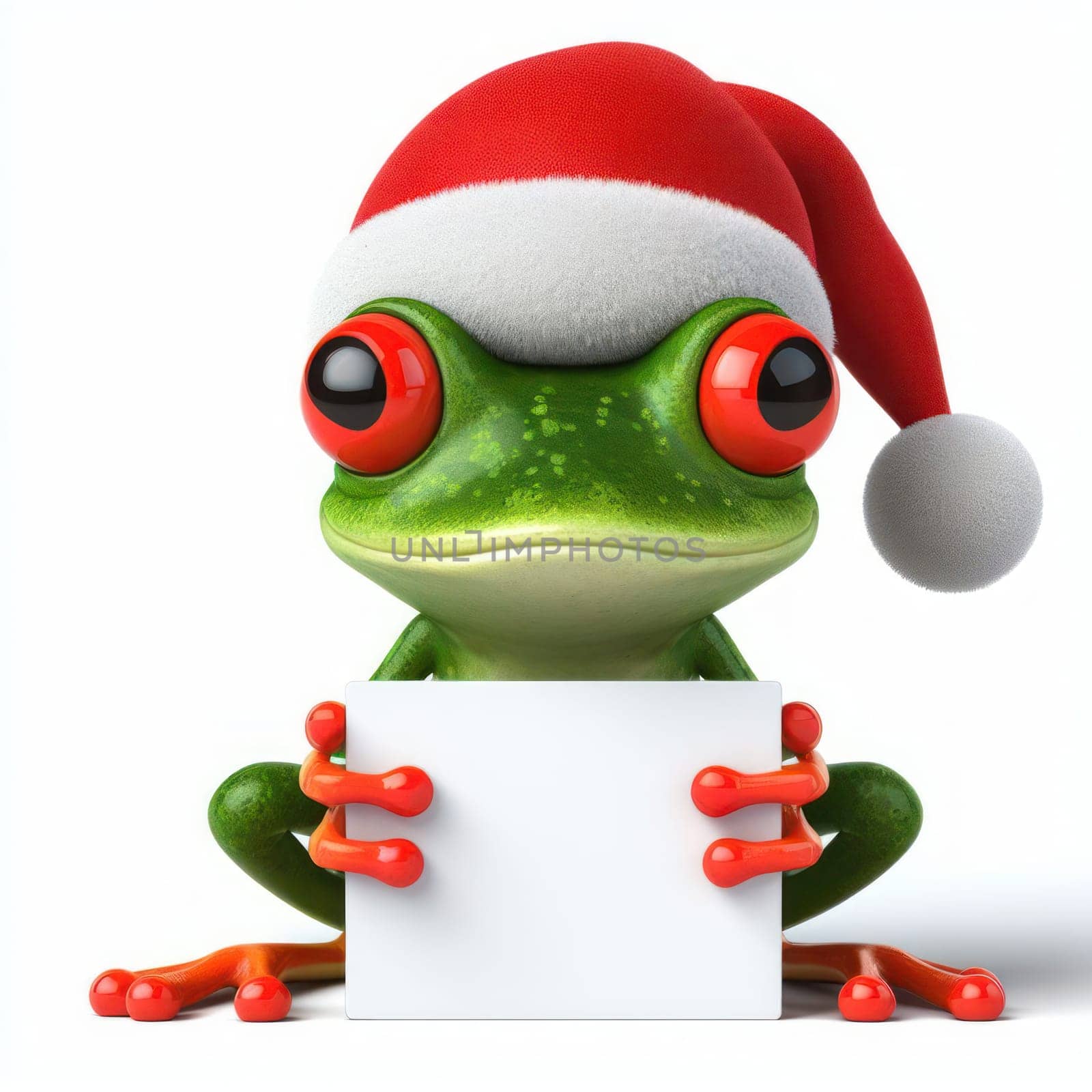 comical 3d illustration of cute happy red eyed tree frog at christmas with a copy space sign on white background generative ai