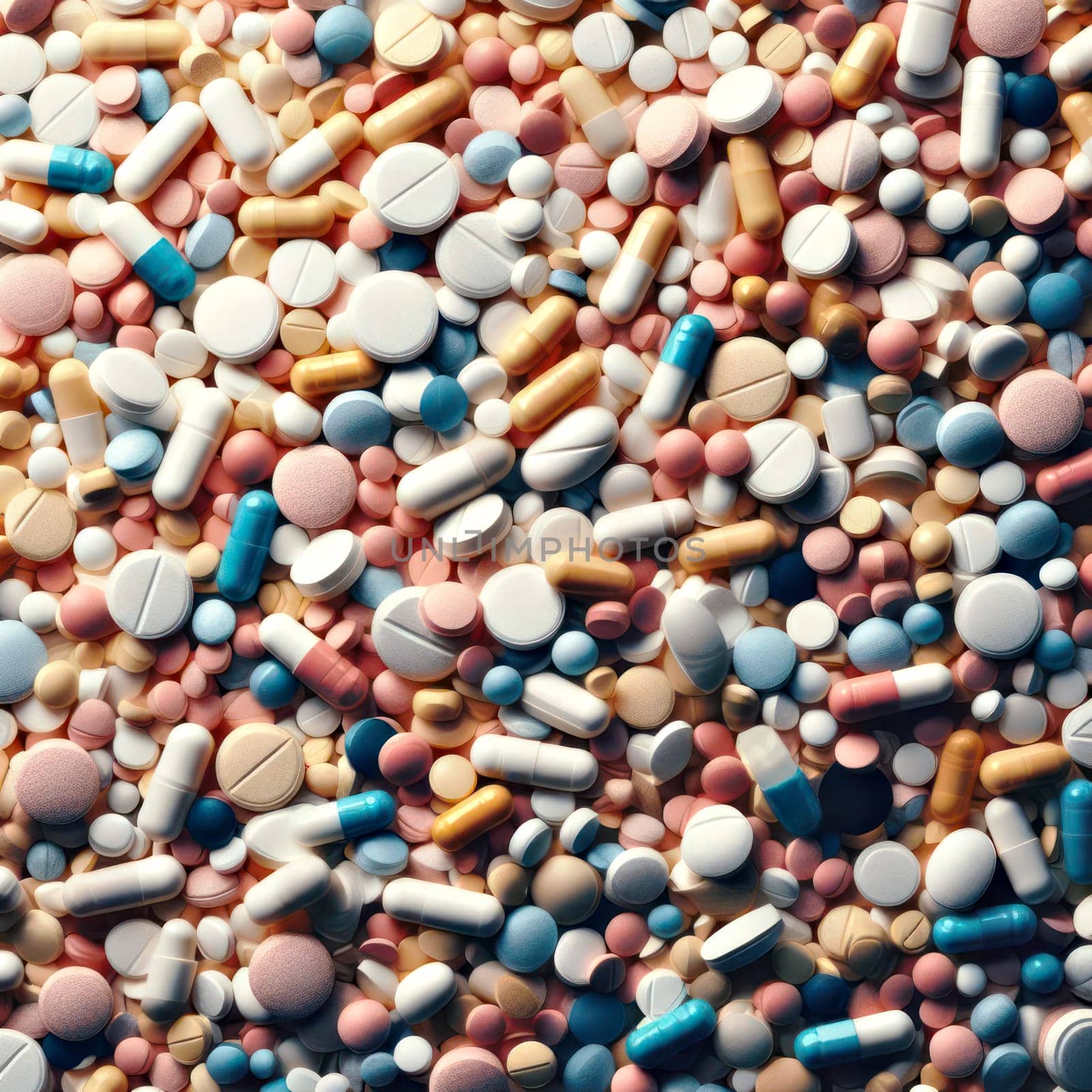 medical background image of hundreds of pills tablets and capsules generative ai