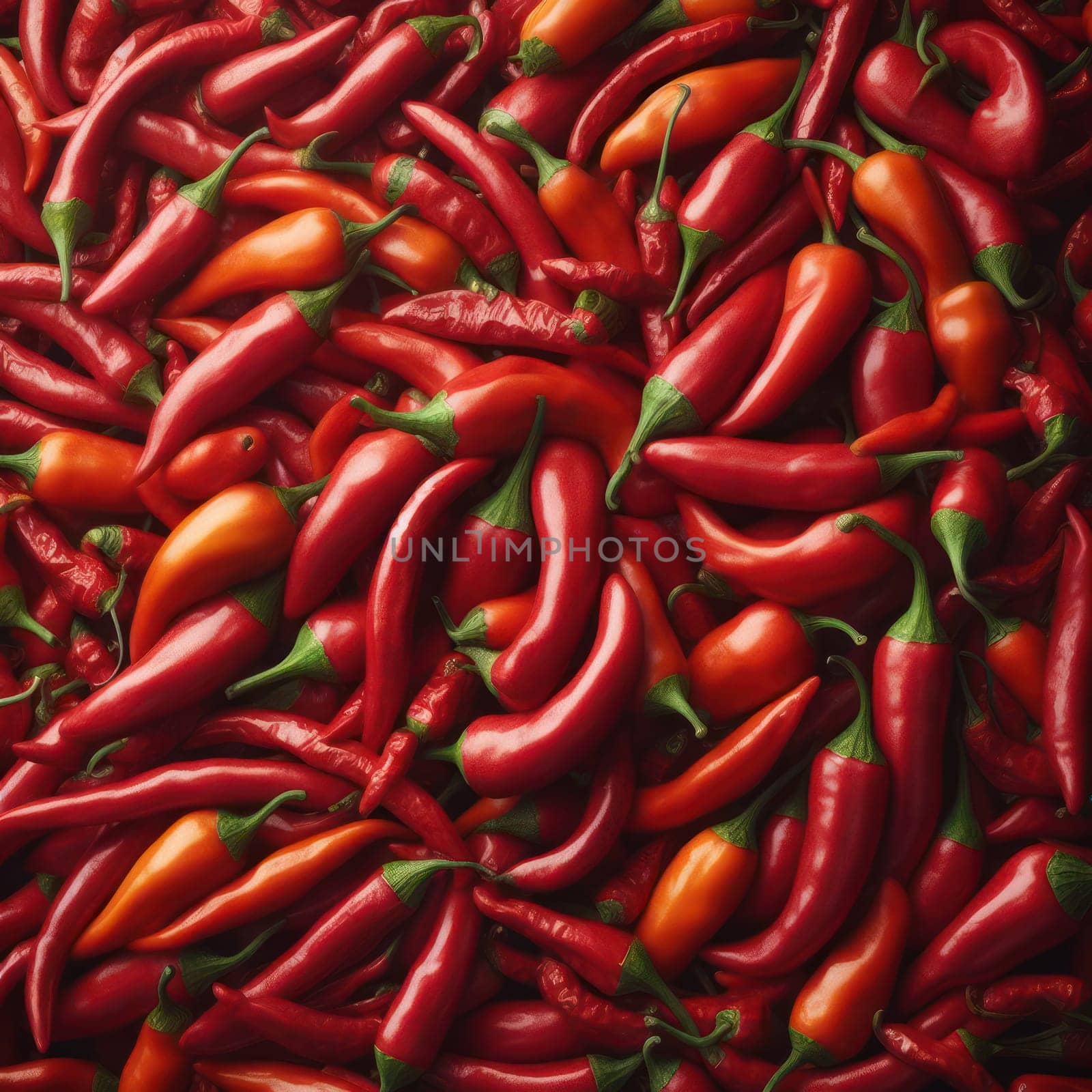 Red chilli peppers texture background top view generative ai