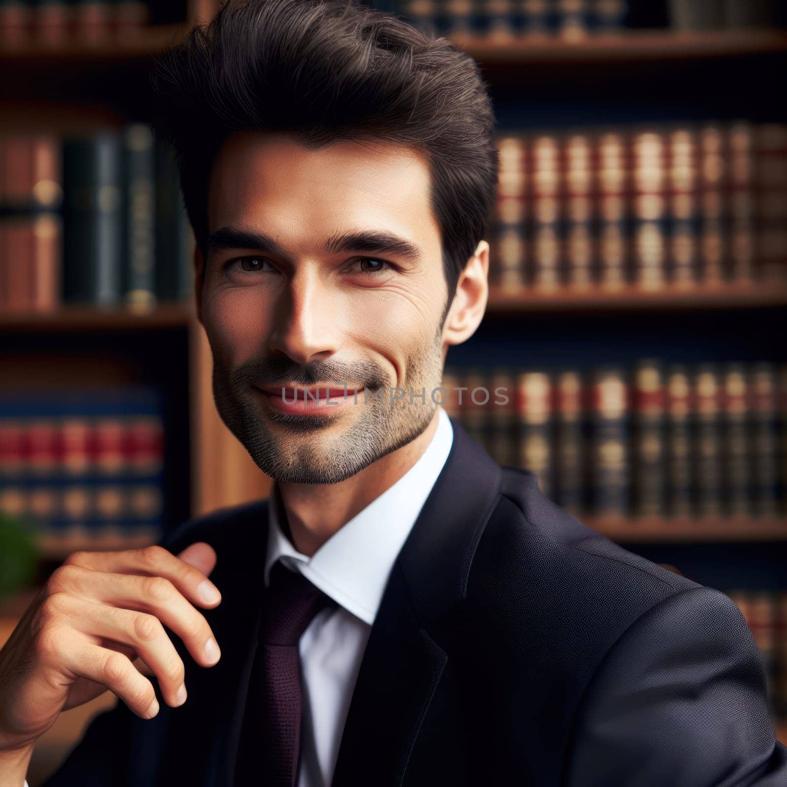 successful young male lawyer in office in front of law library books generative ai