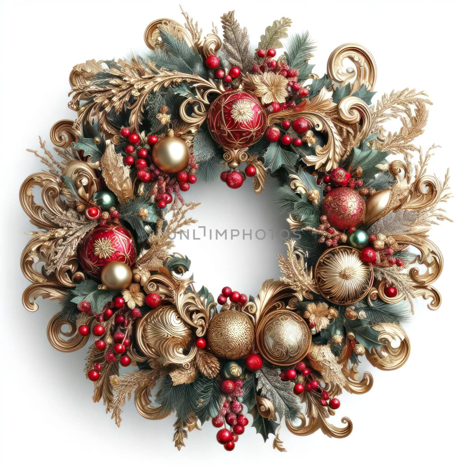 illustration of opulent and ornate christmas wreath on white background generative ai
