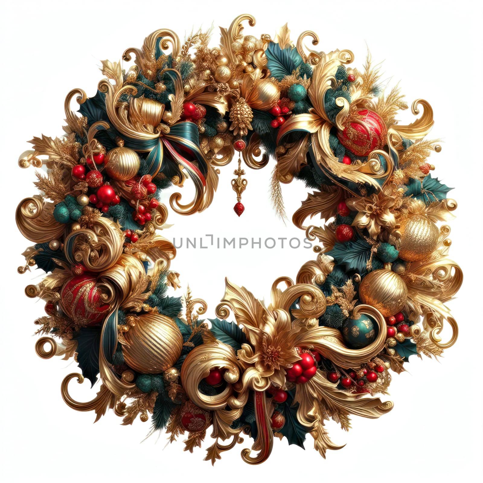 illustration of opulent and ornate christmas wreath on white background generative ai