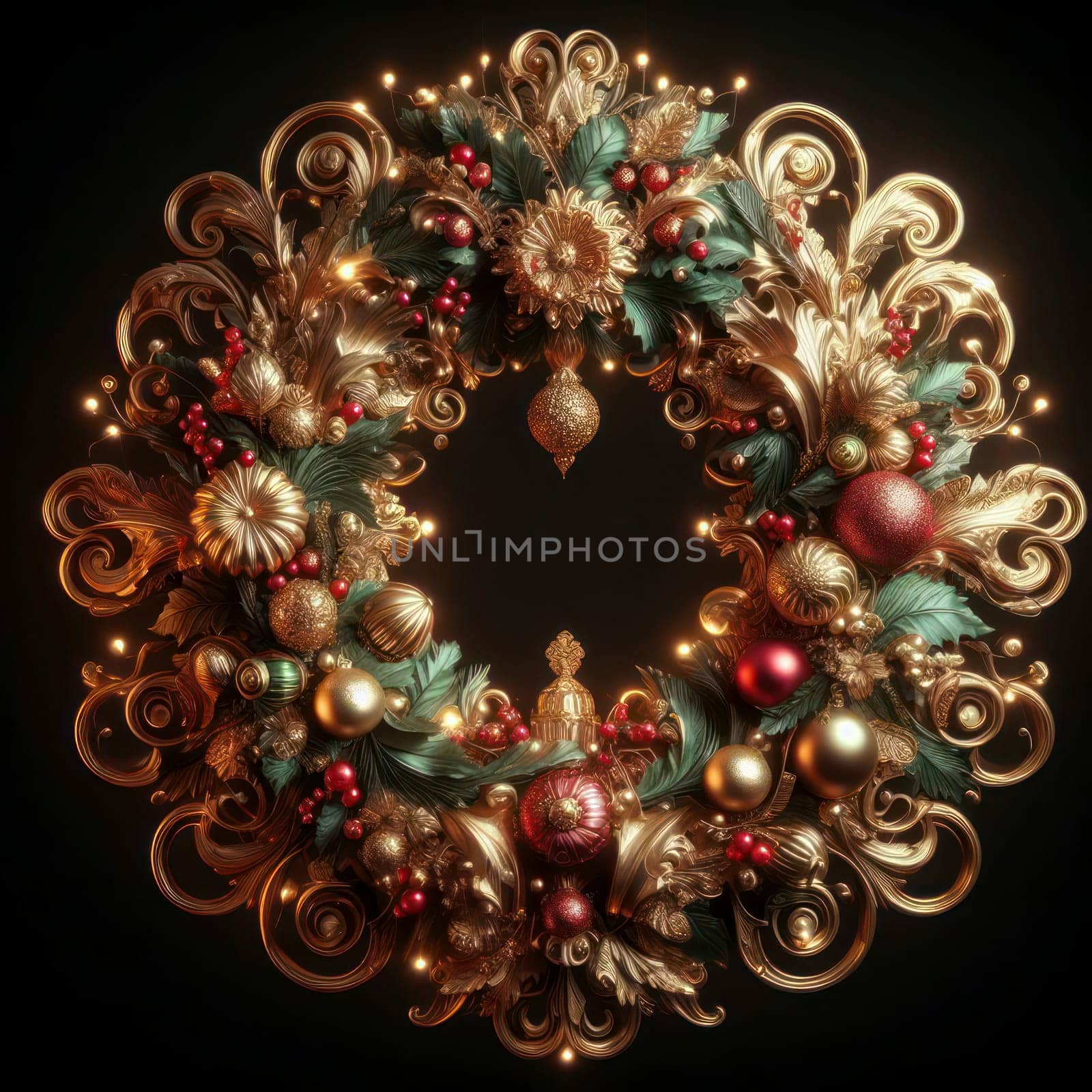 illustration of opulent and ornate christmas wreath on black background generative ai