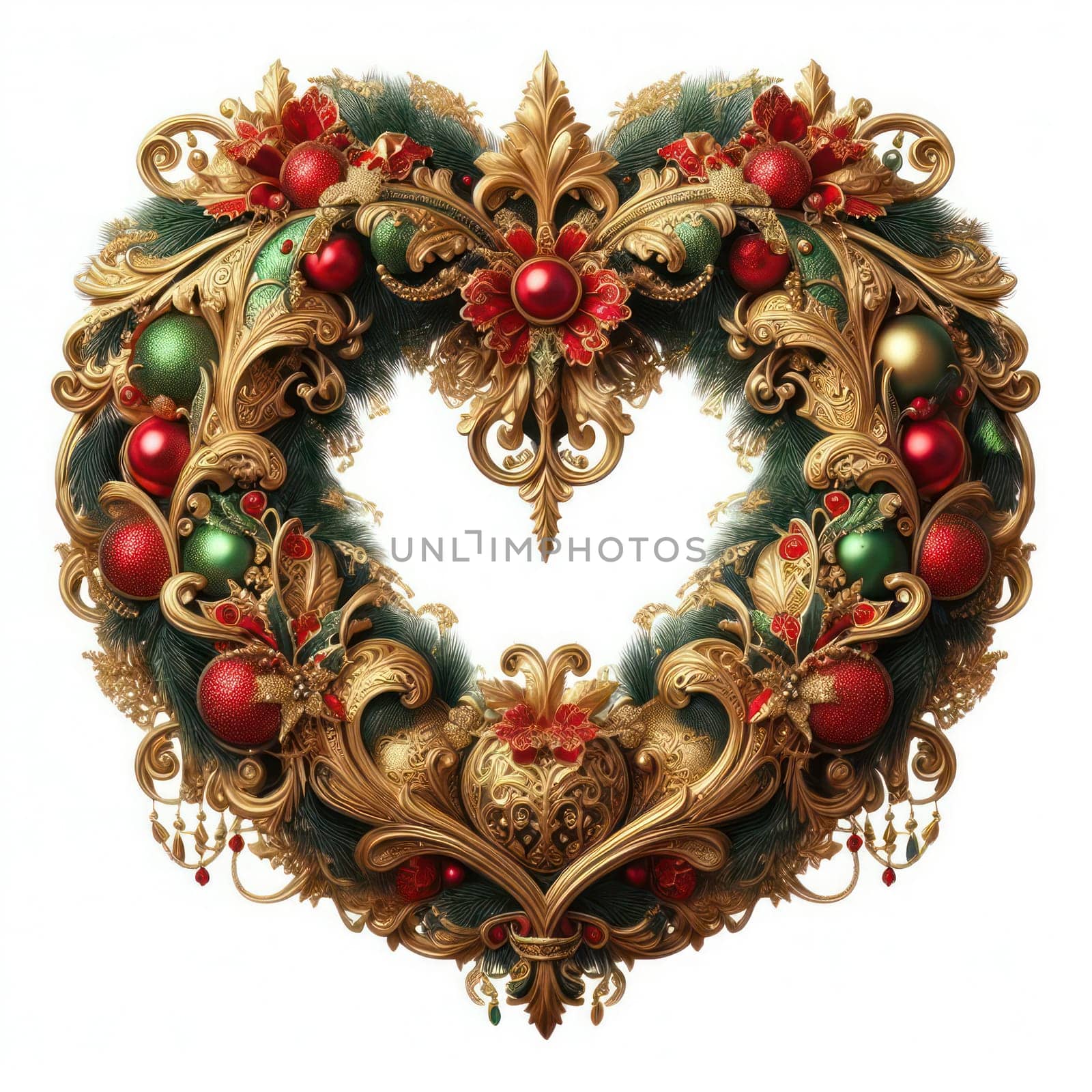 illustration of opulent and ornate christmas wreath on white background generative ai