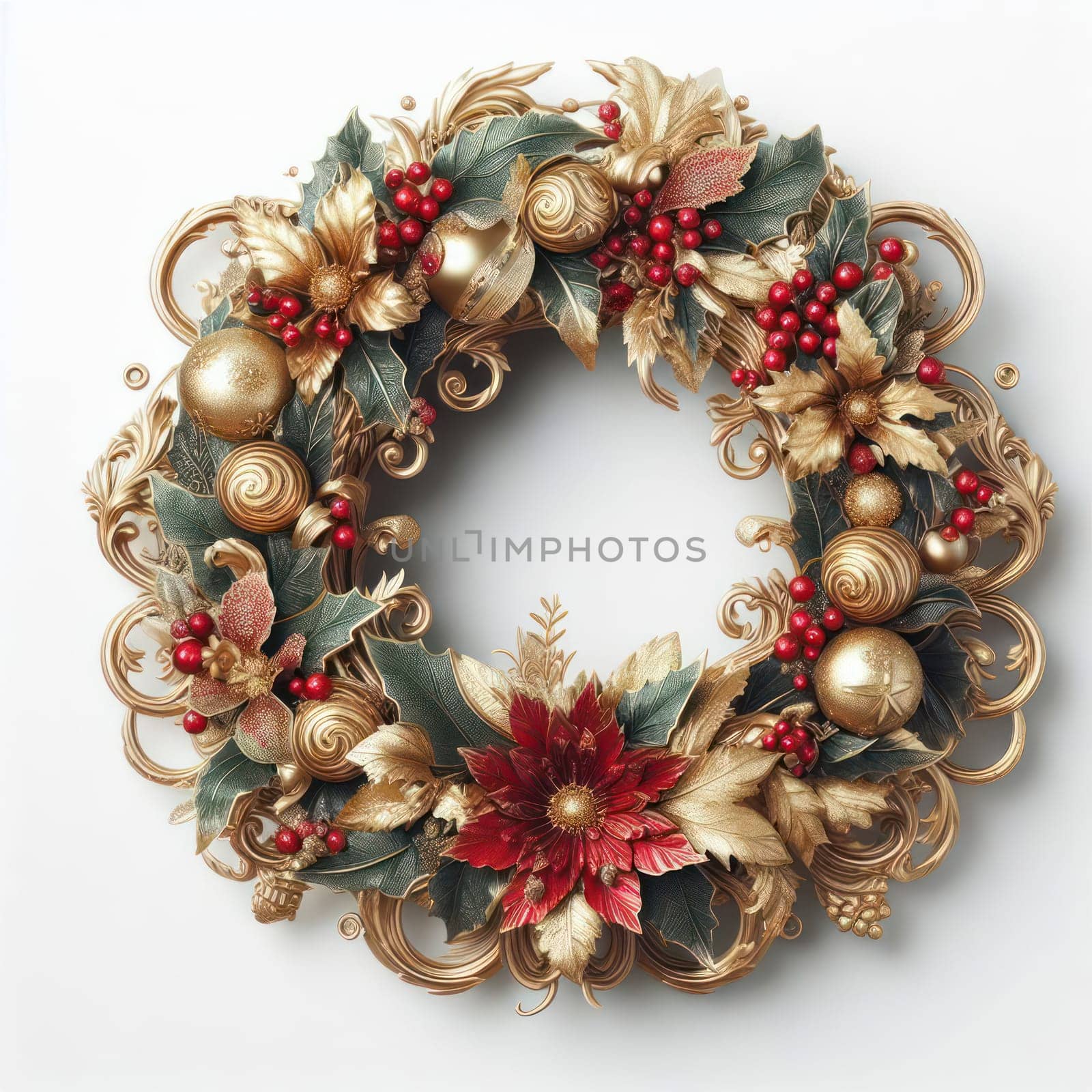 illustration of opulent and ornate christmas wreath on white background generative ai