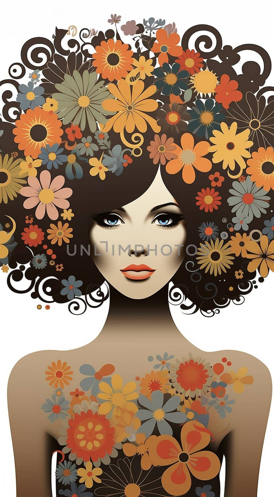 Afro African American woman with flowers in hair. Abstract woman portrait. American black skin girl with flower. Fashion illustration. Trendy modern minimalist design for wall art, beauty postcards, social media isolated white background