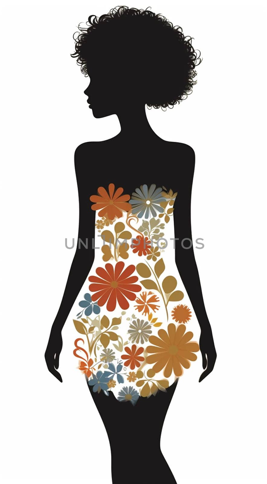 Afro African American woman with flowers in hair. Abstract woman portrait. American black skin girl with flower. Fashion illustration. Trendy modern minimalist design for wall art, beauty postcards, social media isolated white background