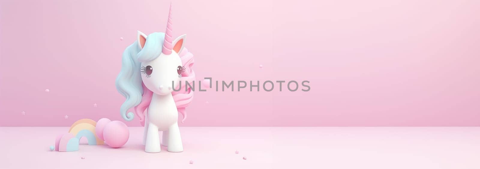 Cute unicorn pastel colored background. Magic fairy tale character unicorn 3d illustration for girls. Magic fairy tale unicorn print for clothes, stationery, books, goods. Toy Unicorn 3D character banner, background. Copy space Space for text web banner