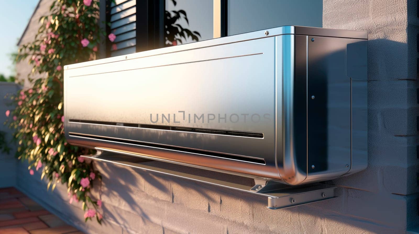 Air conditioning device on the exterior wall of a modern house.Air to air heat pump for cooling or heating the home. Outdoor unit powered by renewable energy. AI generated