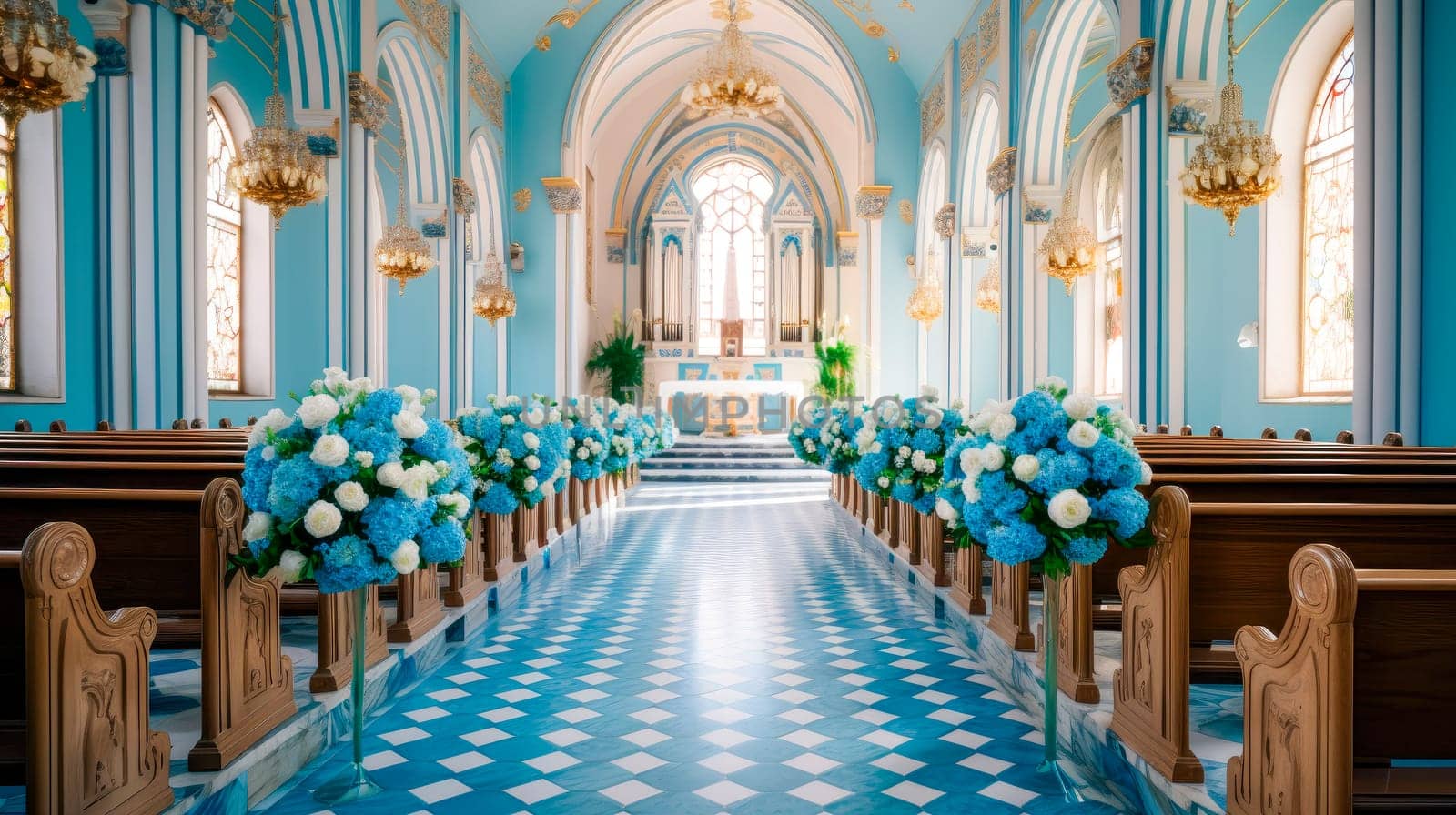 Empty church decorated with flowers for a ceremony. Flower decoration for a church wedding. AI generated