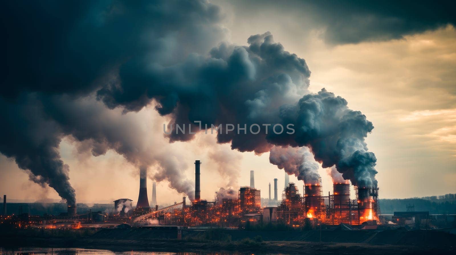 The plant emits smoke and smog from the pipes, pollutants enter the atmosphere. Environmental disaster. Harmful emissions into air. Exhaust gases. AI generated