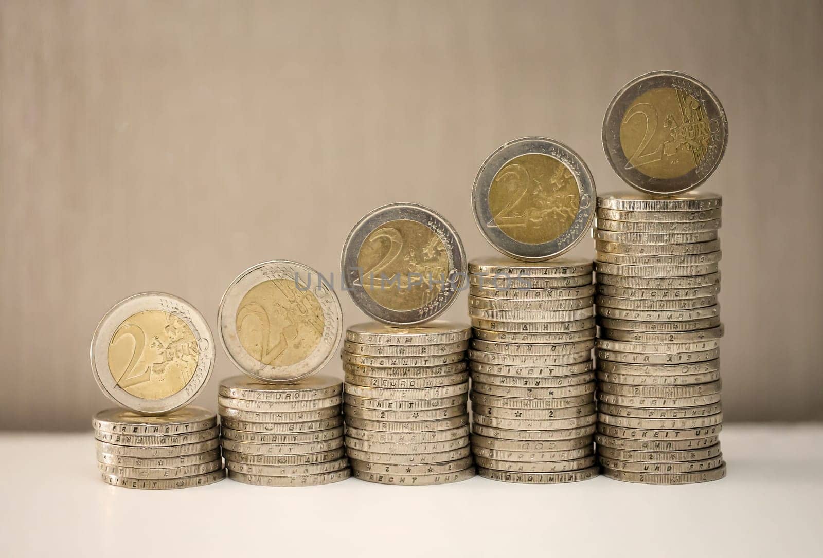 Two euro coins, close-up of a coin with a value of 2 euros.