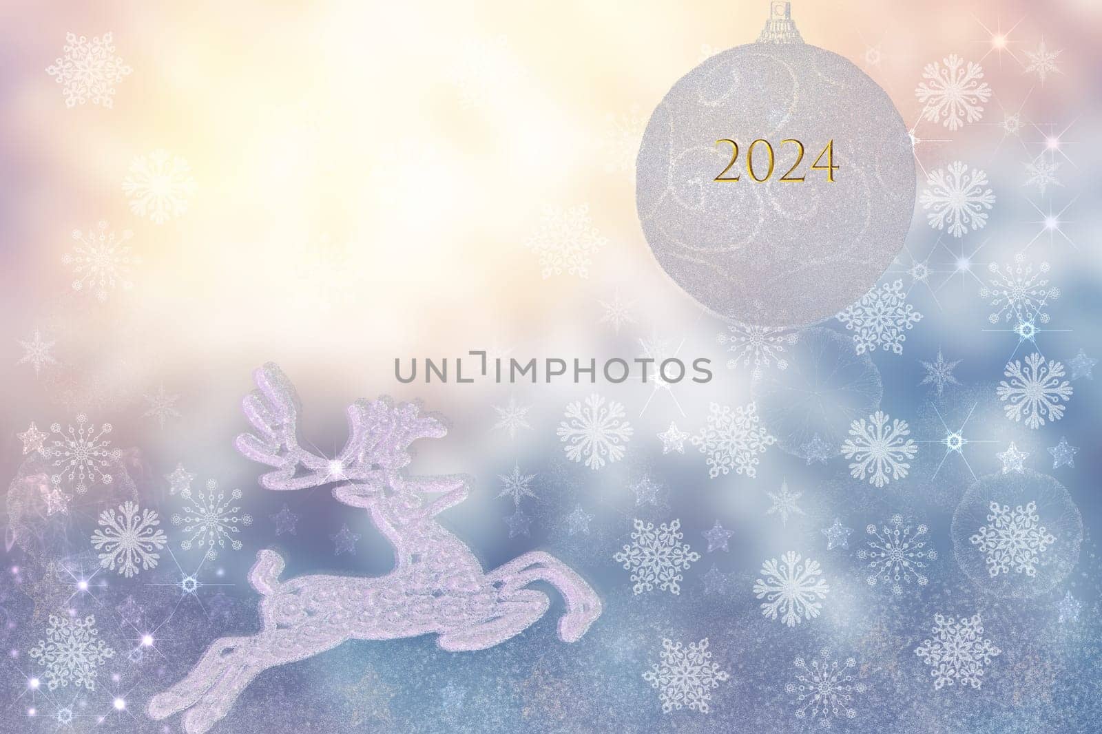 Happy New year 2024 card. Abstract festive elegant gray silver gold glittering greeting card with bokeh circles, glowing christmas stars, a stag and the 2024 text.