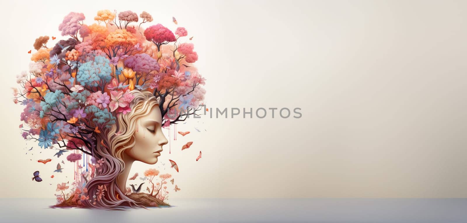 Human mind with flowers and birds growing from a tree, consciousness, positive thinking, creative mind, self care and mental health concept