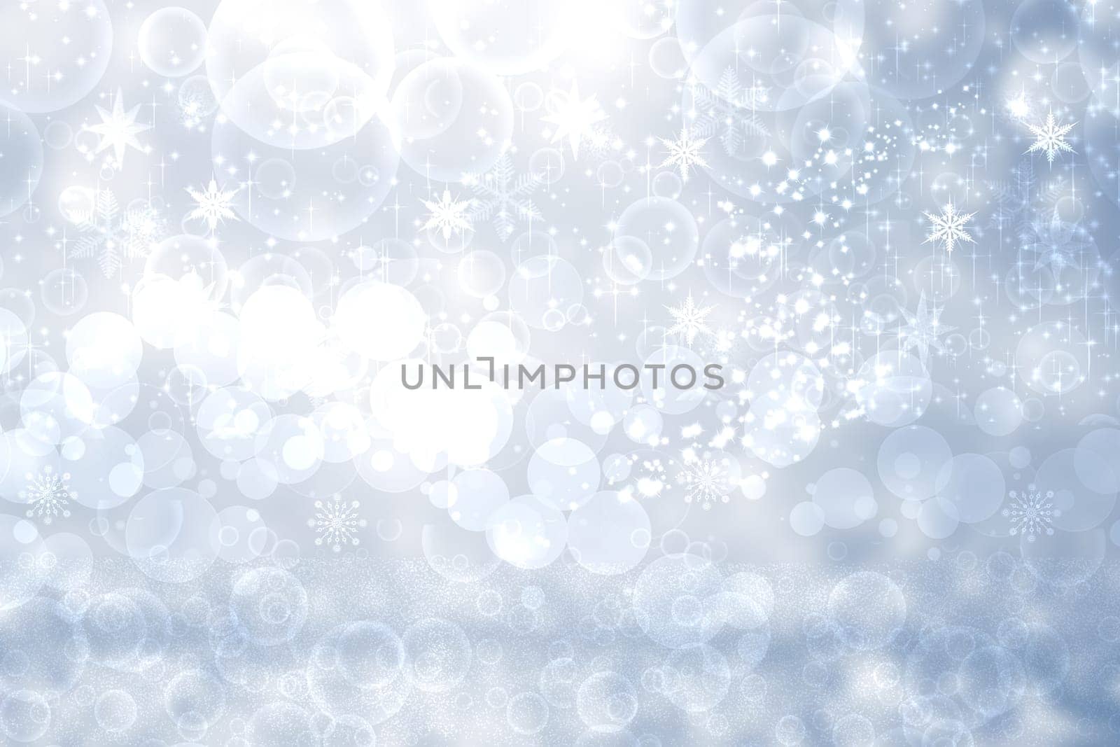 Christmas card template. Abstract festive blue winter christmas background texture with a pastel bokeh lighted xmas baubles and stars. Beautiful card design. Space.